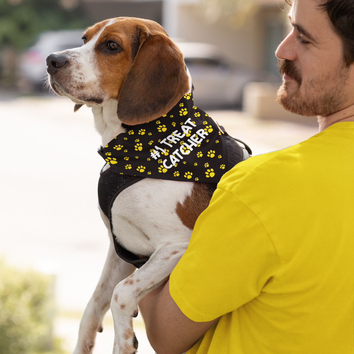 Personalized Clip-on Pet Bandana - Black with Yellow Paw Prints