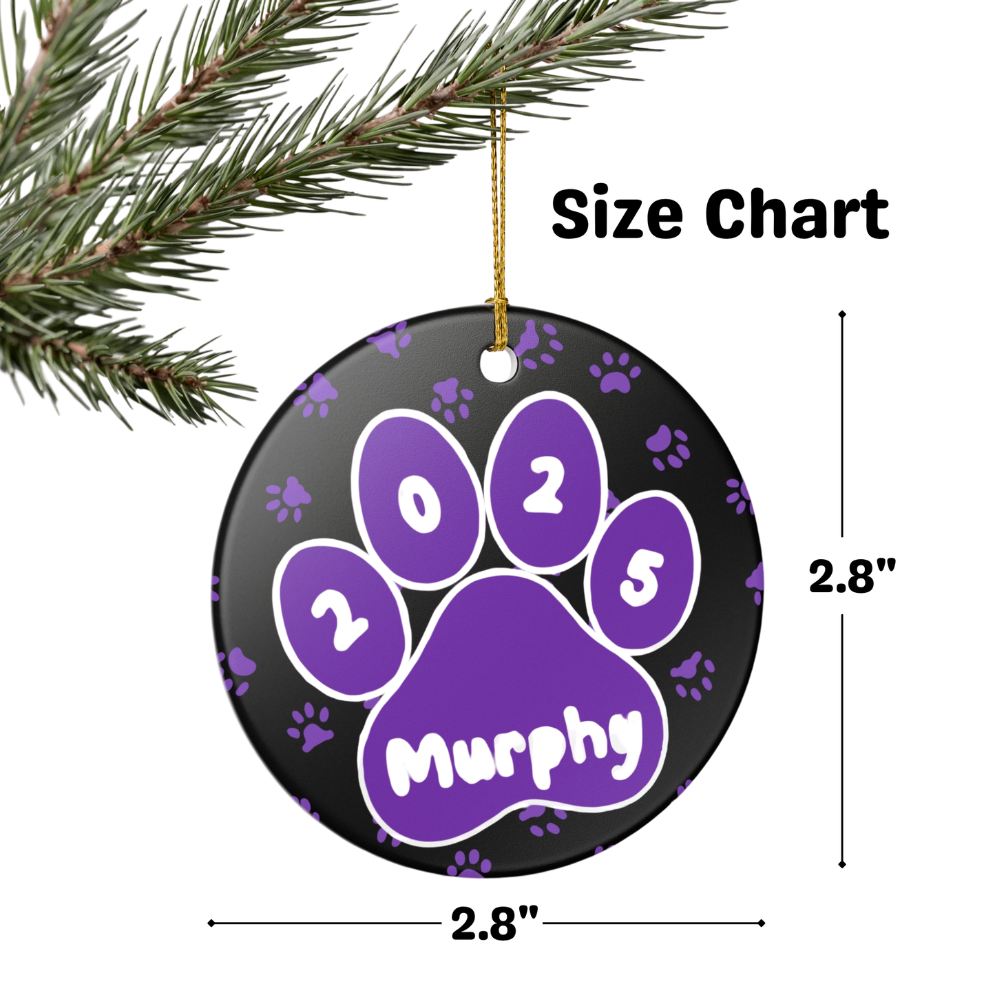 Custom Pet Name Ornament - Black with Purple Paw Prints 2025