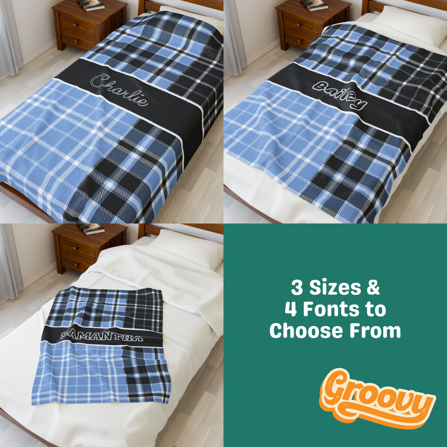 Custom Velveteen Plush Blanket - Light Blue & Black Plaid