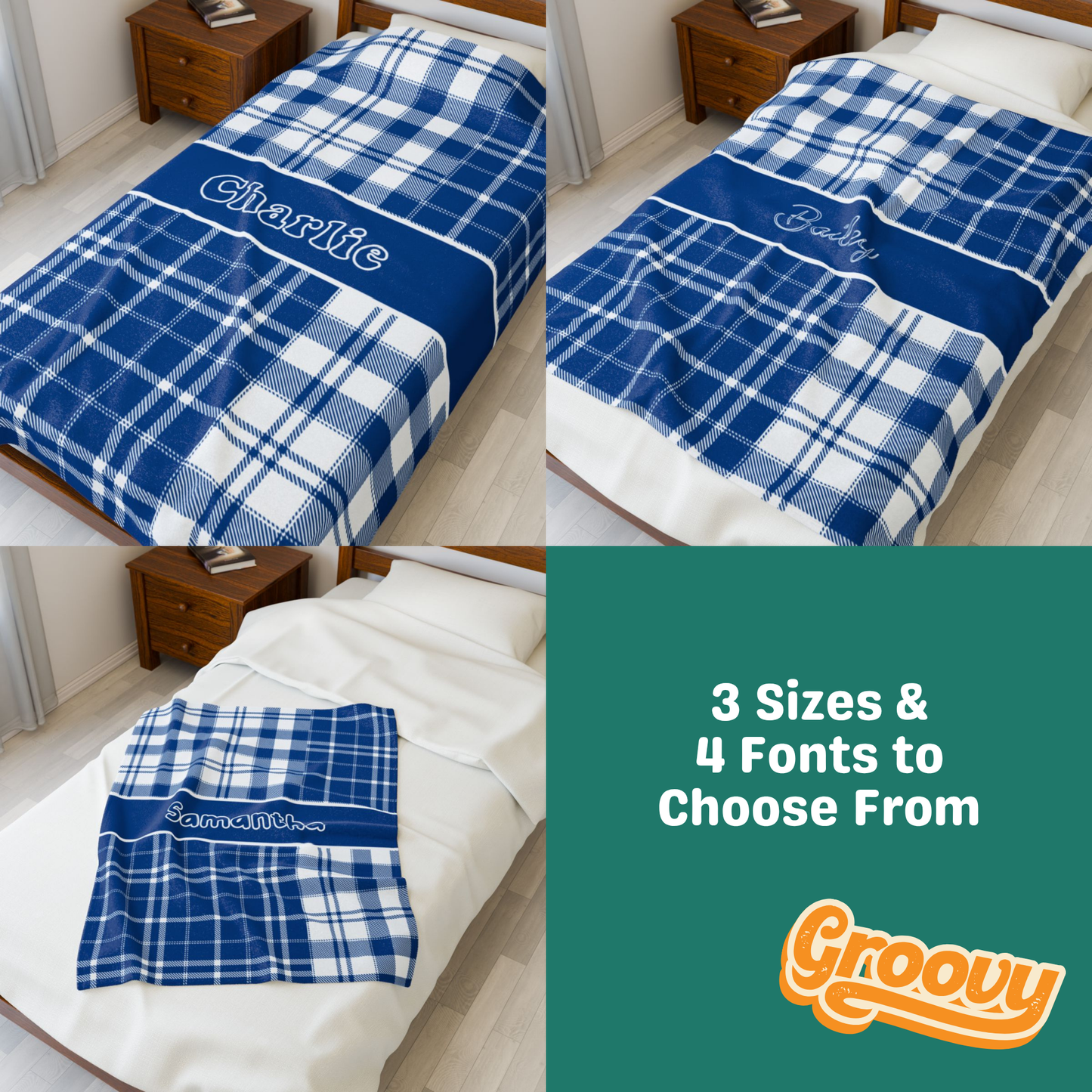 Custom Velveteen Plush Blanket - Azure Blue & White Plaid