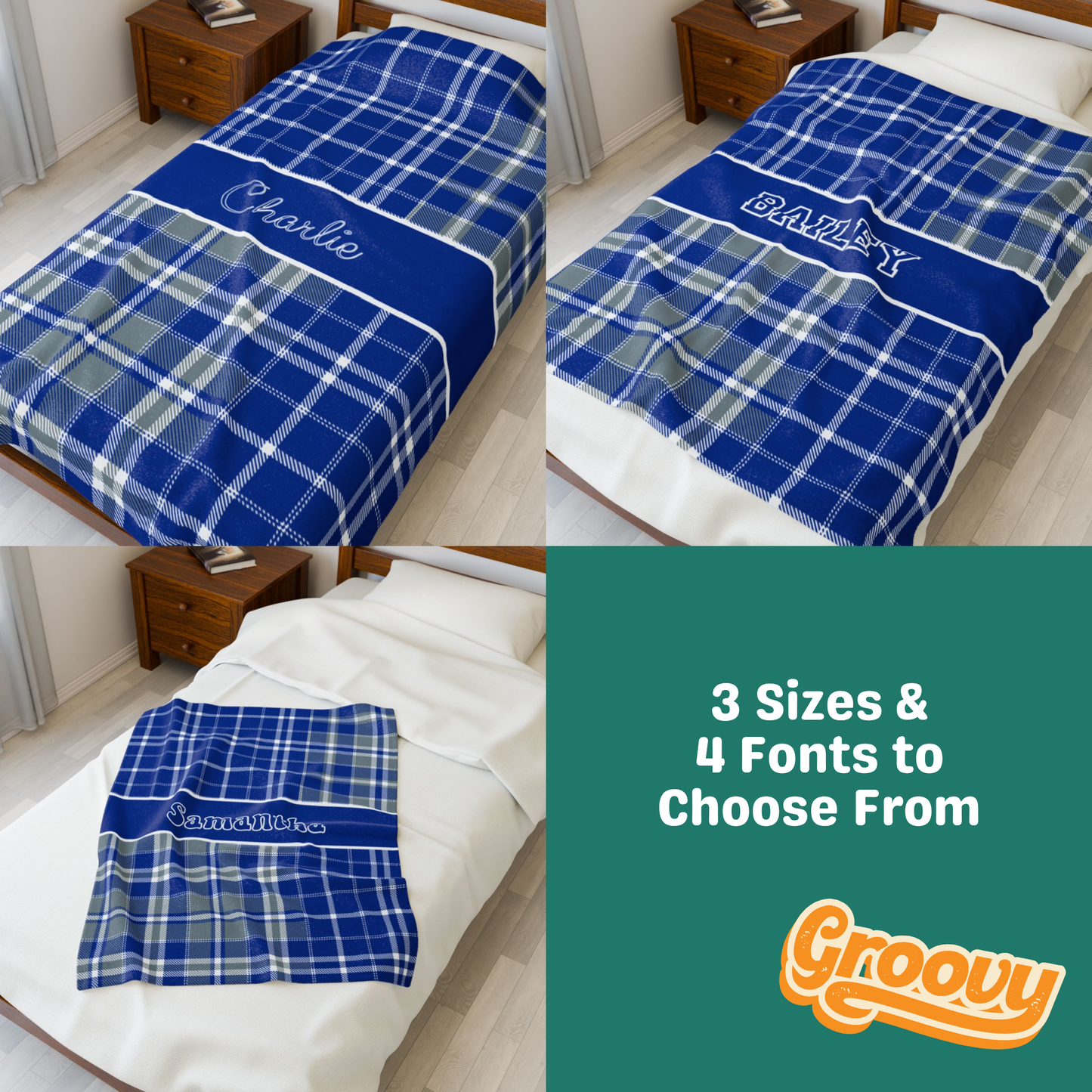 Custom Velveteen Plush Blanket - Blue & Gray Plaid