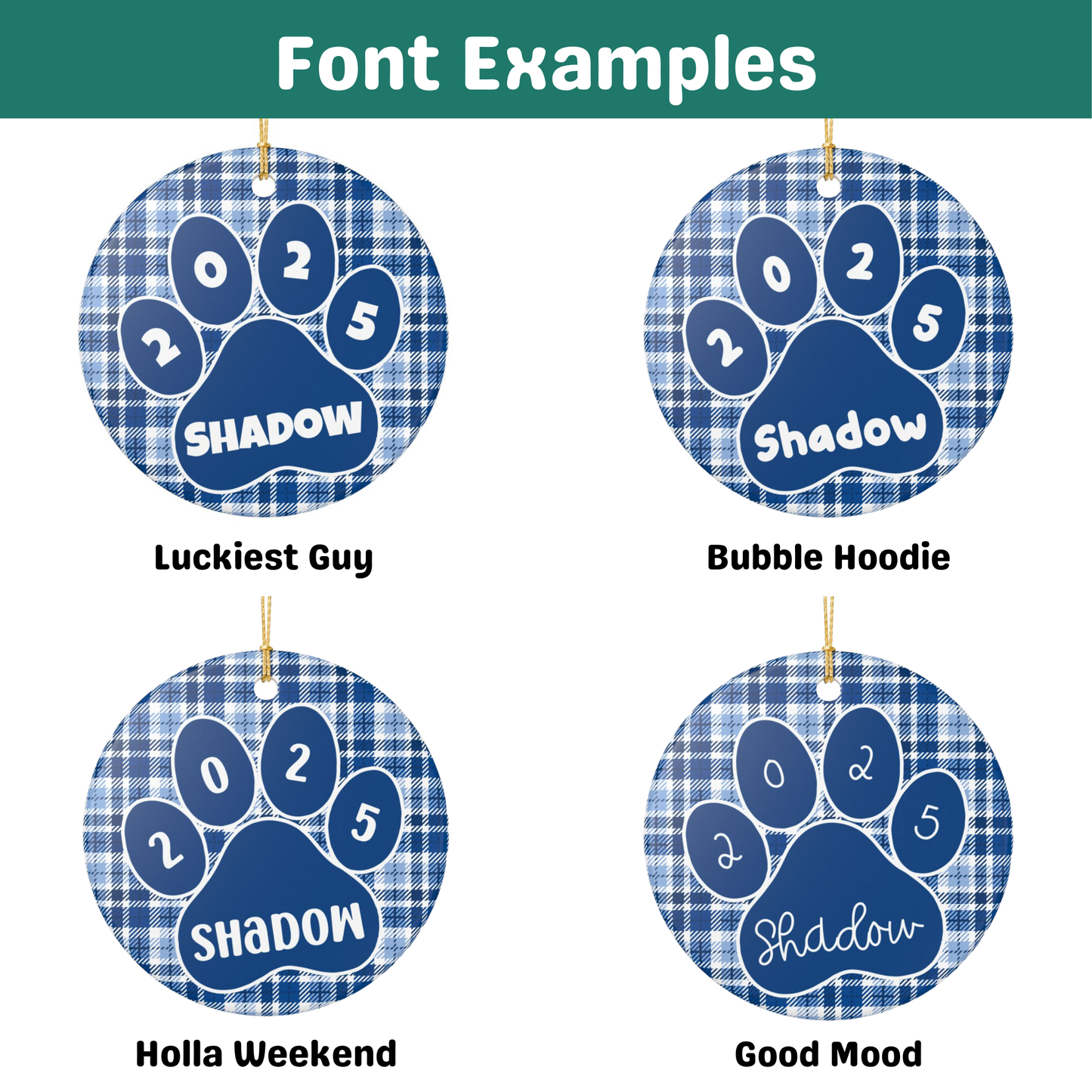 Custom Pet Name Ornament - Azure Blue Plaid 2025
