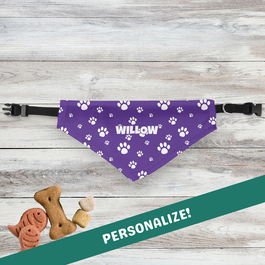 Personalized Clip-on Pet Bandana - Purple with White Paw Prints