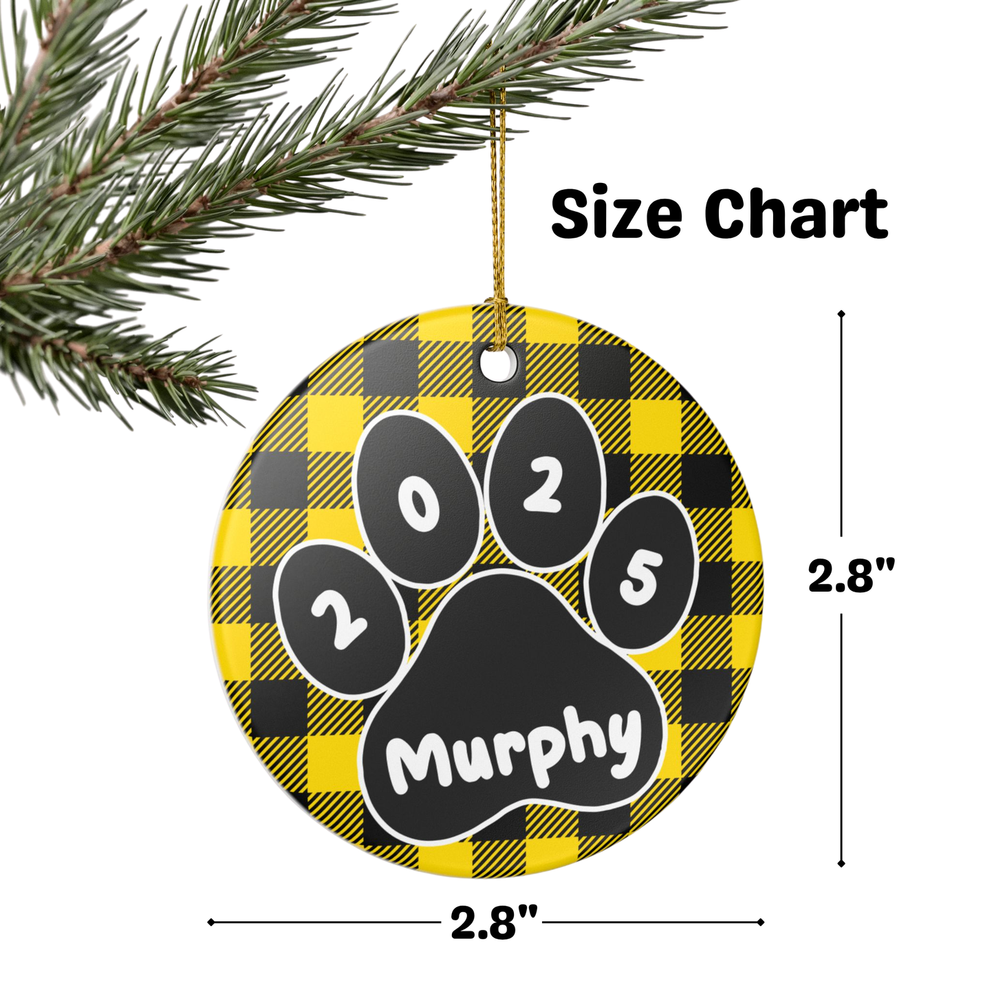 Custom Pet Name Ornament - Black & Yellow Plaid 2025