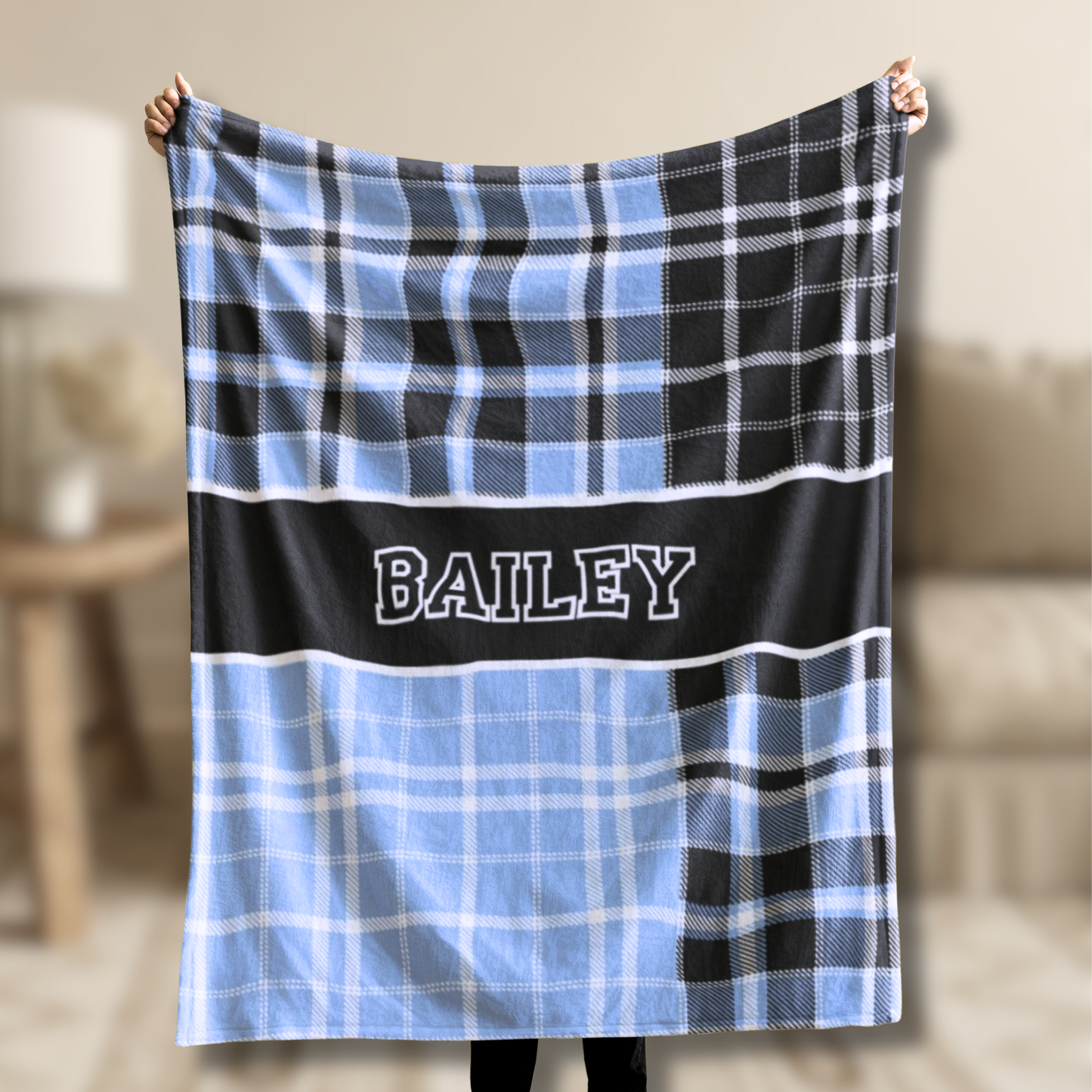 Custom Velveteen Plush Blanket - Light Blue & Black Plaid