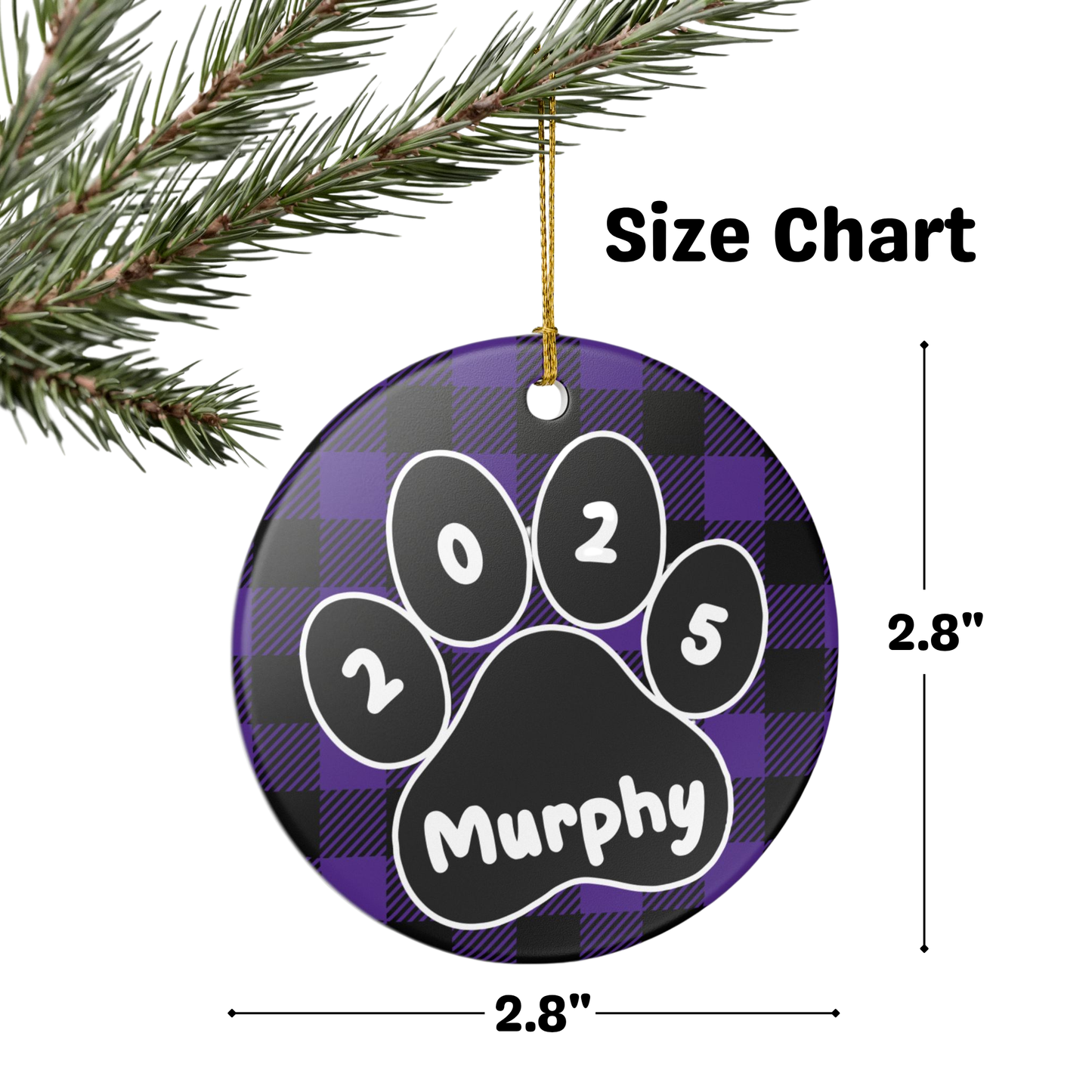 Custom Pet Name Ornament - Purple & Black Plaid 2025