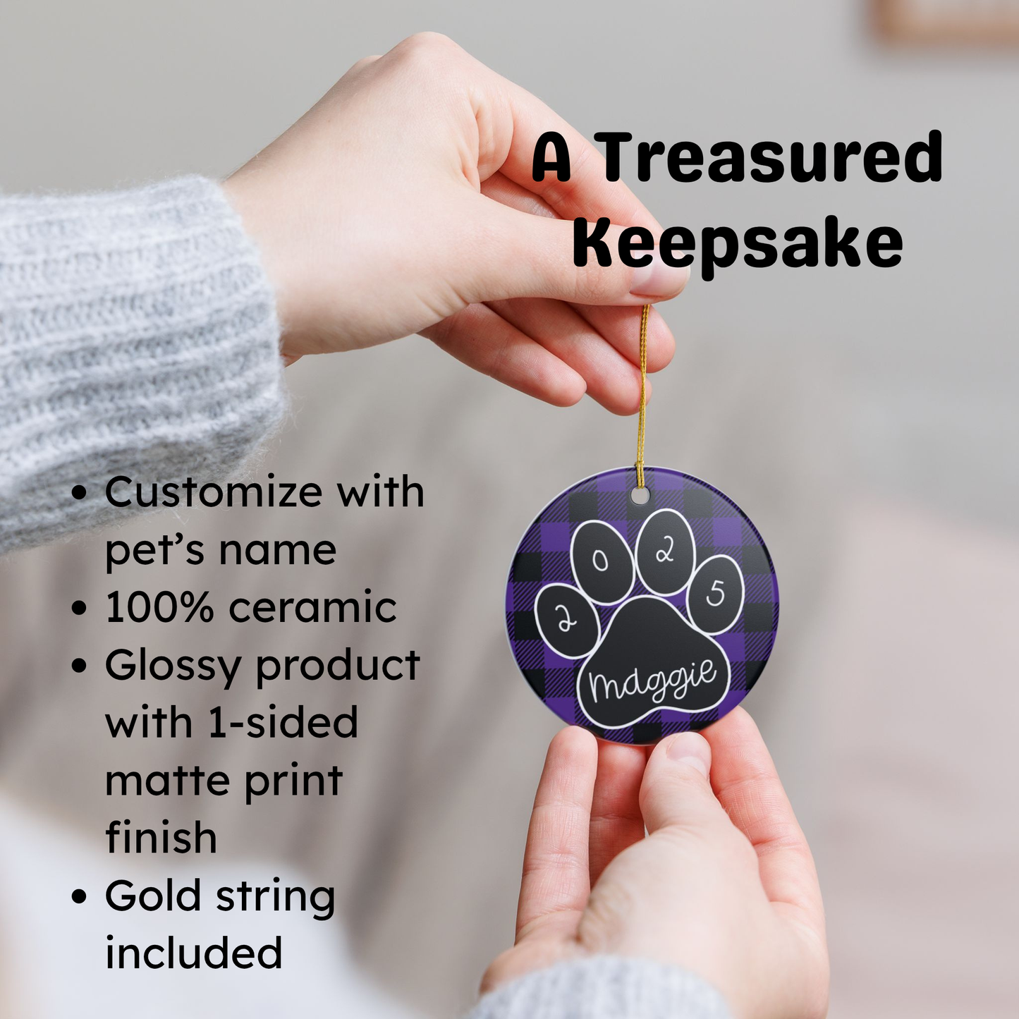 Custom Pet Name Ornament - Purple & Black Plaid 2025