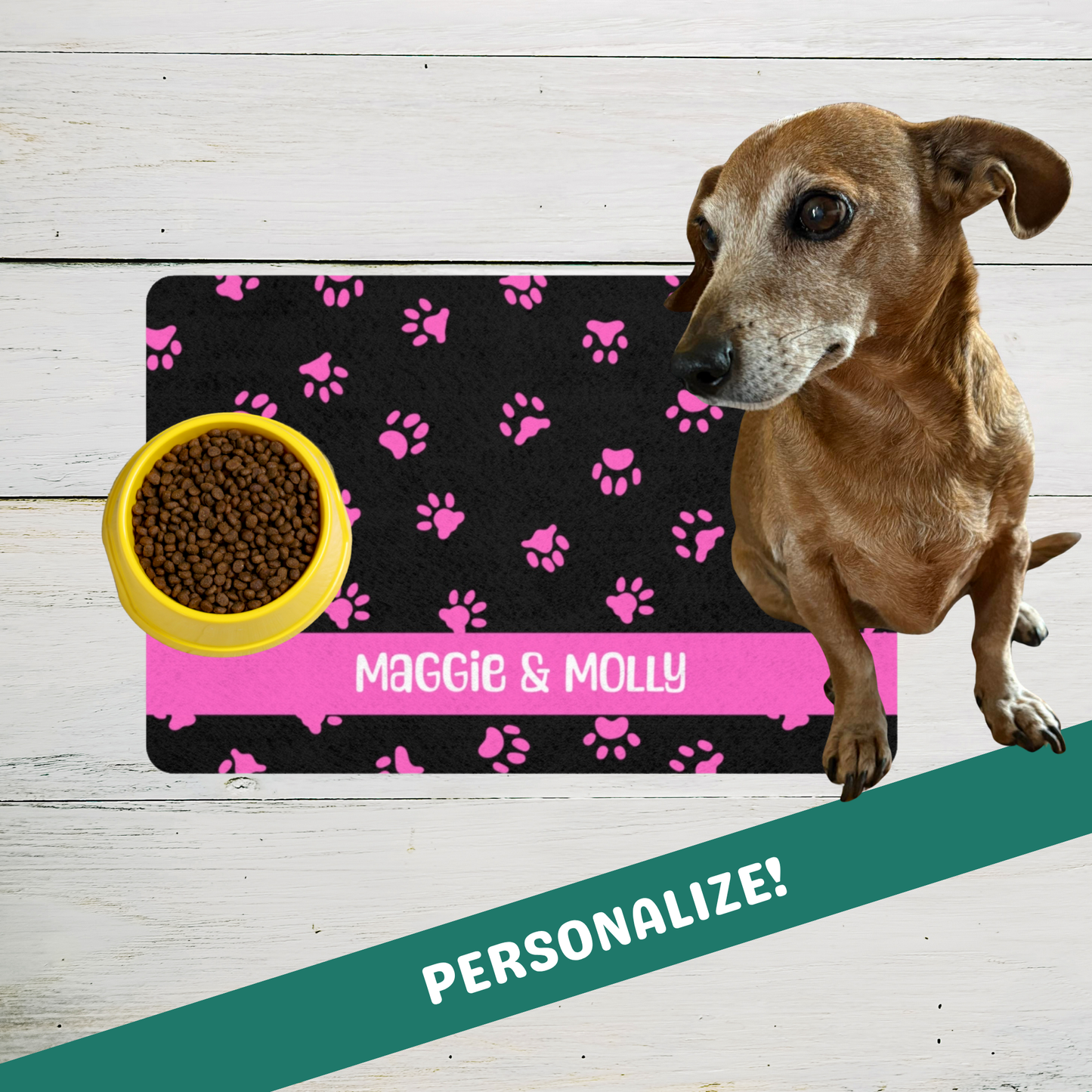 Custom Pet Food Mat - Black with Pink Paw Prints