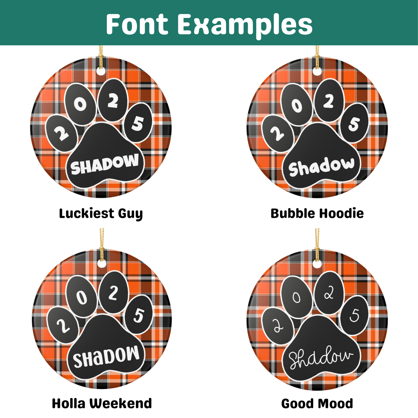 Custom Pet Name Ornament - Orange & Black Tartan 2025