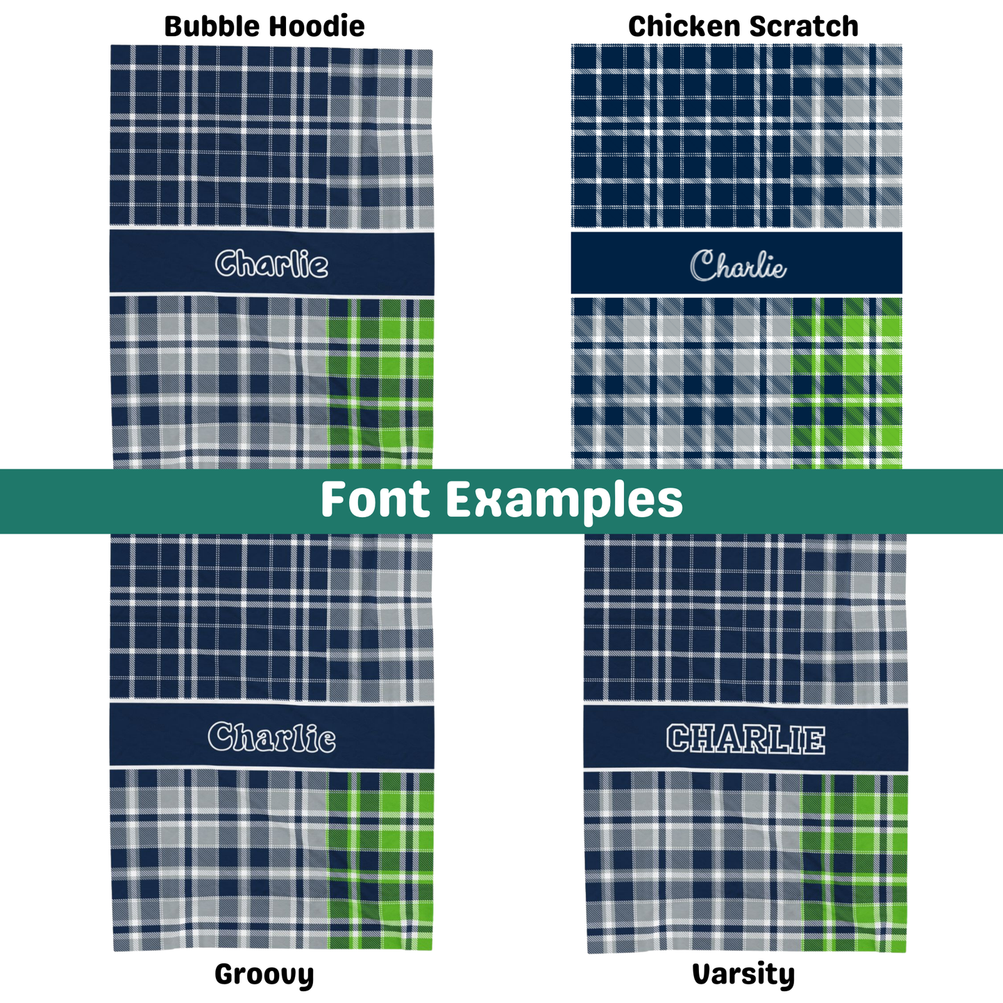 Custom Velveteen Plush Blanket - Navy, Green & Silver Plaid