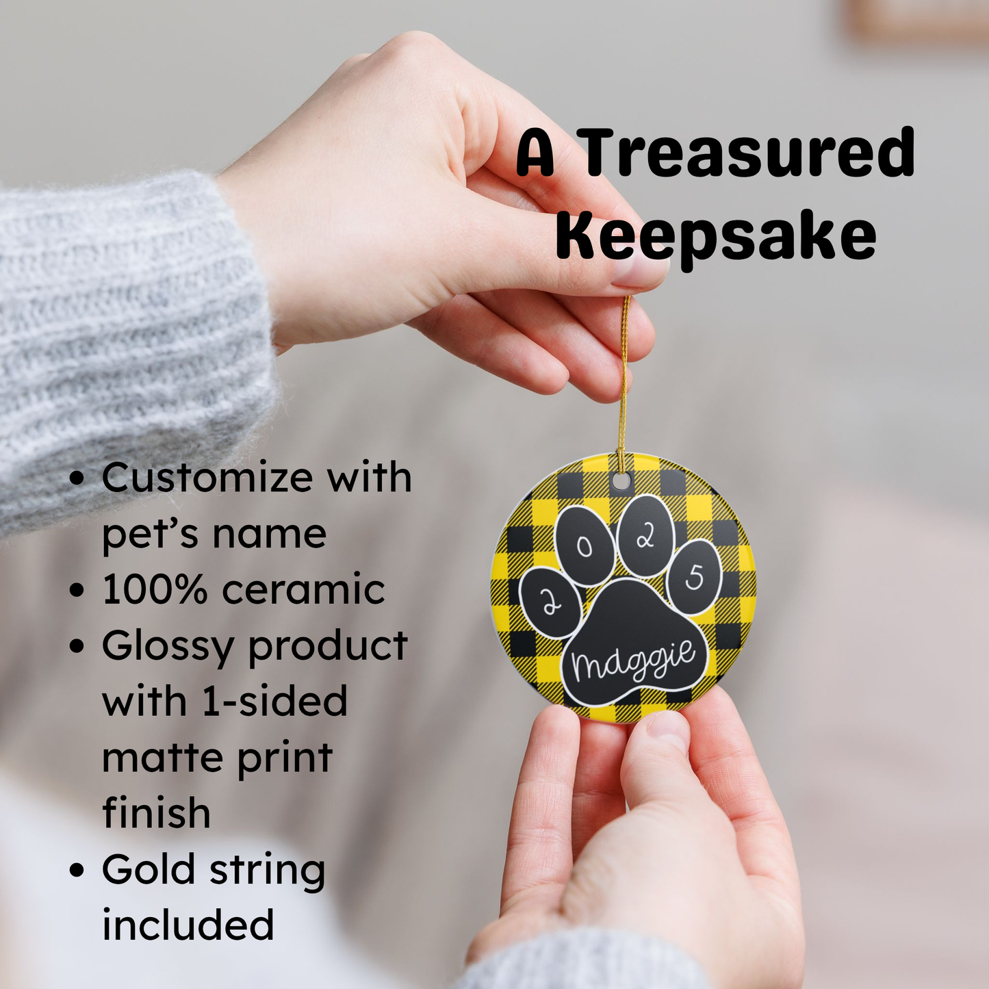 Custom Pet Name Ornament - Black & Yellow Plaid 2025