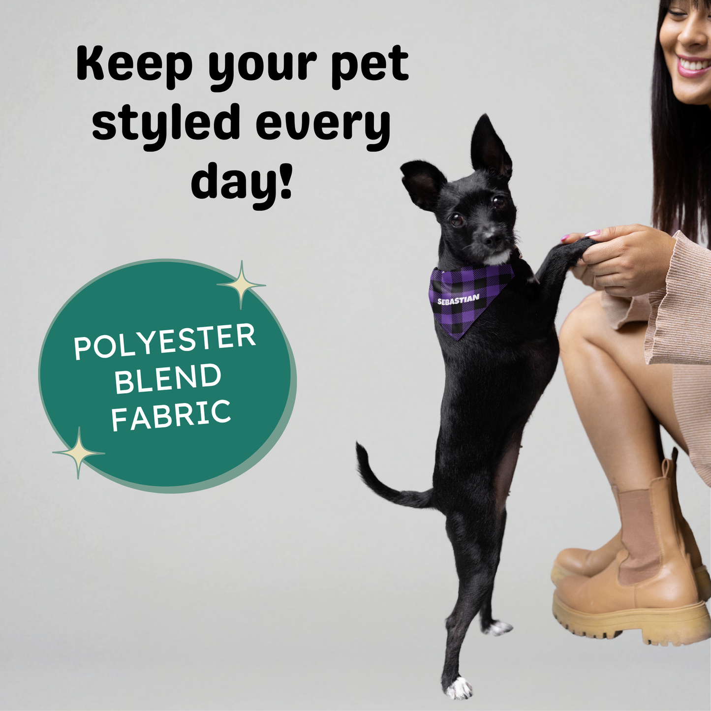 Personalized Clip-on Pet Bandana - Purple & Black Plaid