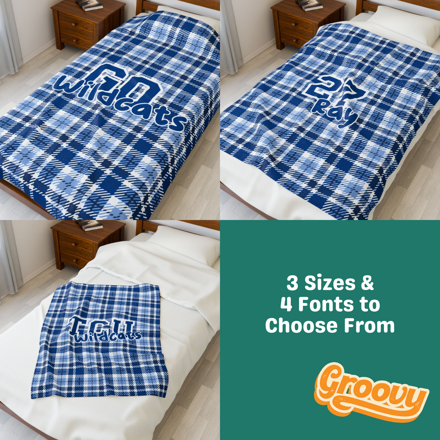 Custom Velveteen Plush Blanket - Azure Blue Plaid