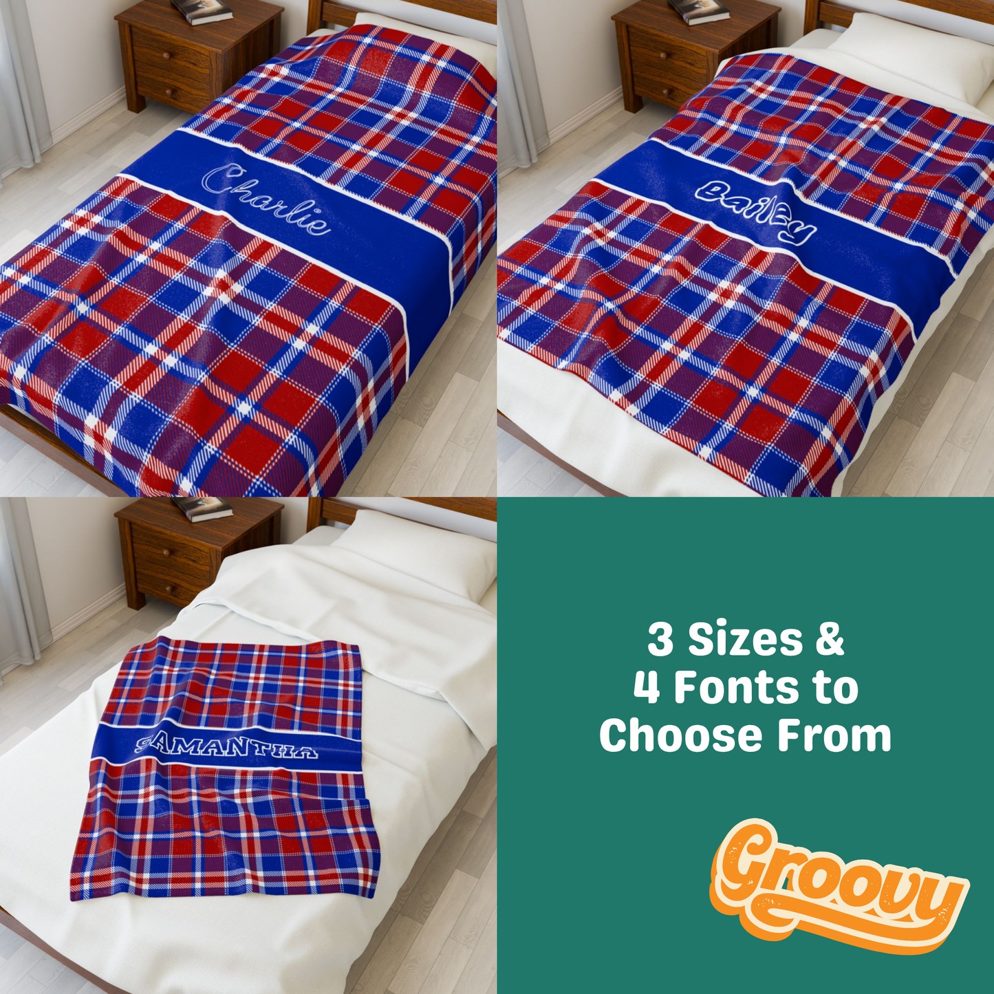 Custom Velveteen Plush Blanket - Red, White & Blue Plaid