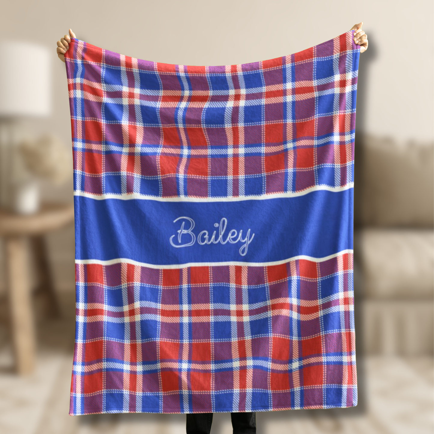 Custom Velveteen Plush Blanket - Red, White & Blue Plaid