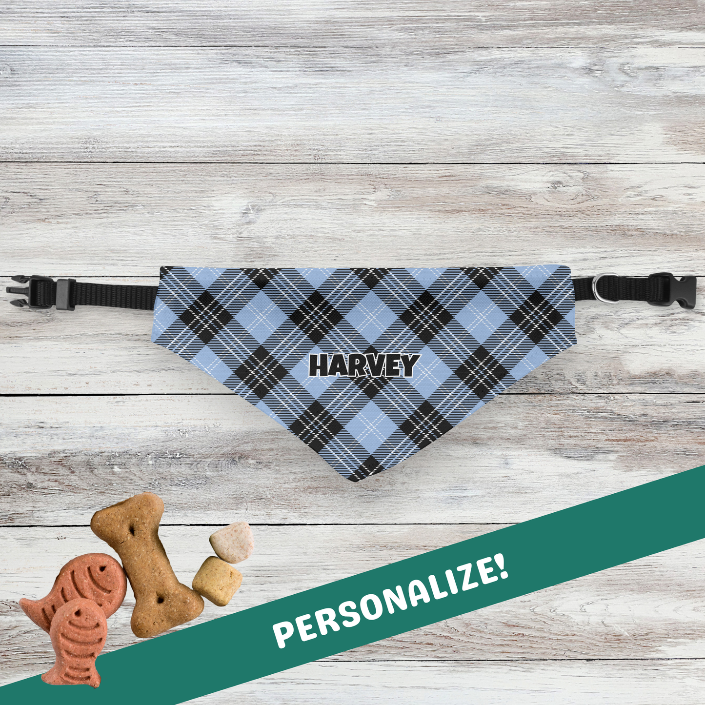 Personalized Clip-on Pet Bandana - Light Blue & Black Tartan