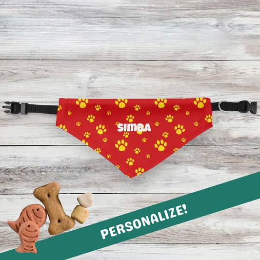 Personalized Clip-on Pet Bandana - Red with Yellow Paw Prints