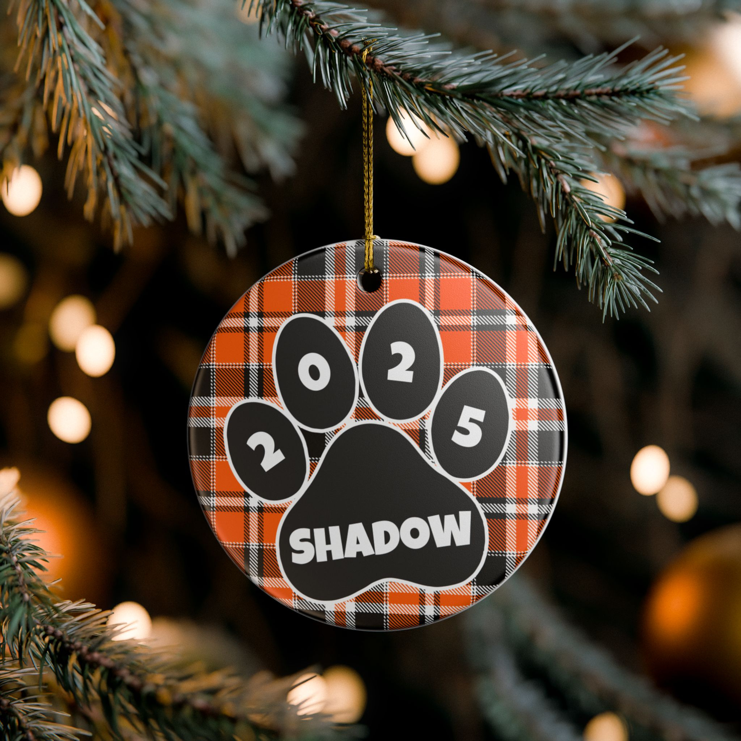 Custom Pet Name Ornament - Orange & Black Tartan 2025