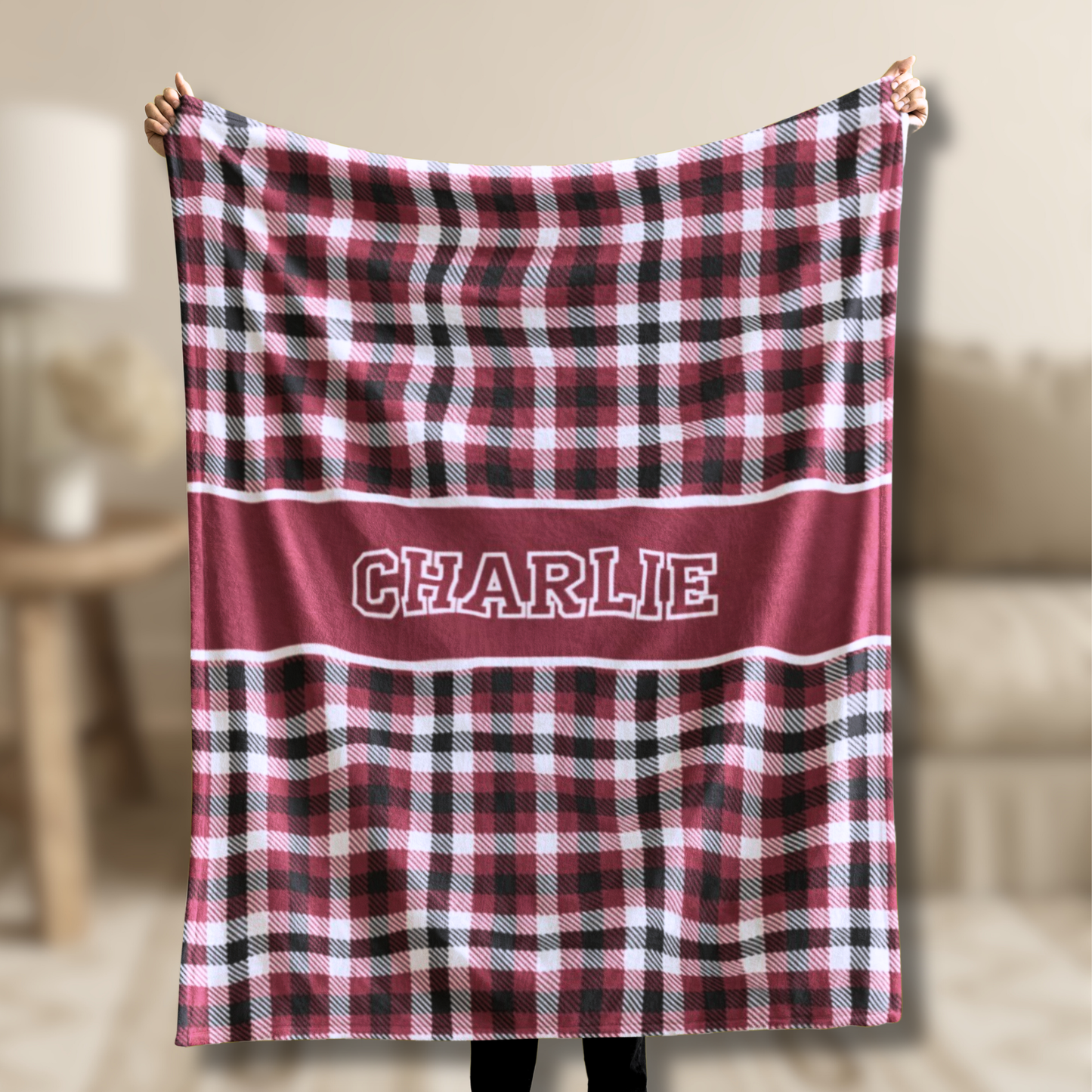 Custom Velveteen Plush Blanket - Crimson Red & Black Plaid