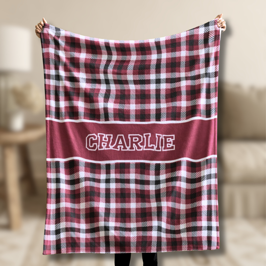 Custom Velveteen Plush Blanket - Crimson Red & Black Plaid