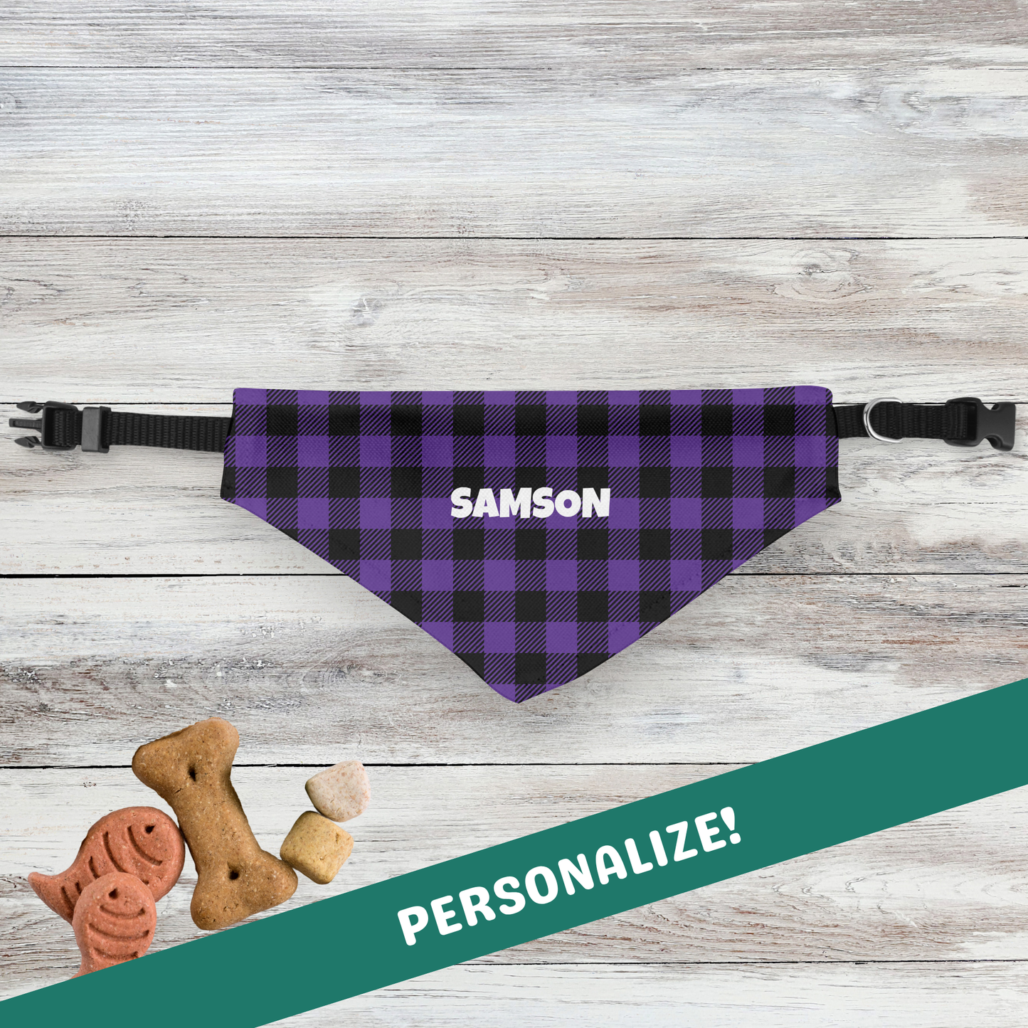 Personalized Clip-on Pet Bandana - Purple & Black Plaid