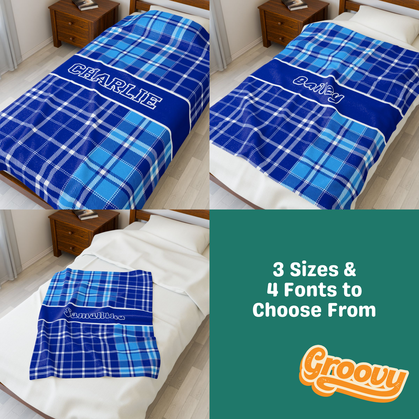 Custom Velveteen Plush Blanket - Royal & Vivid Azure Blue Plaid