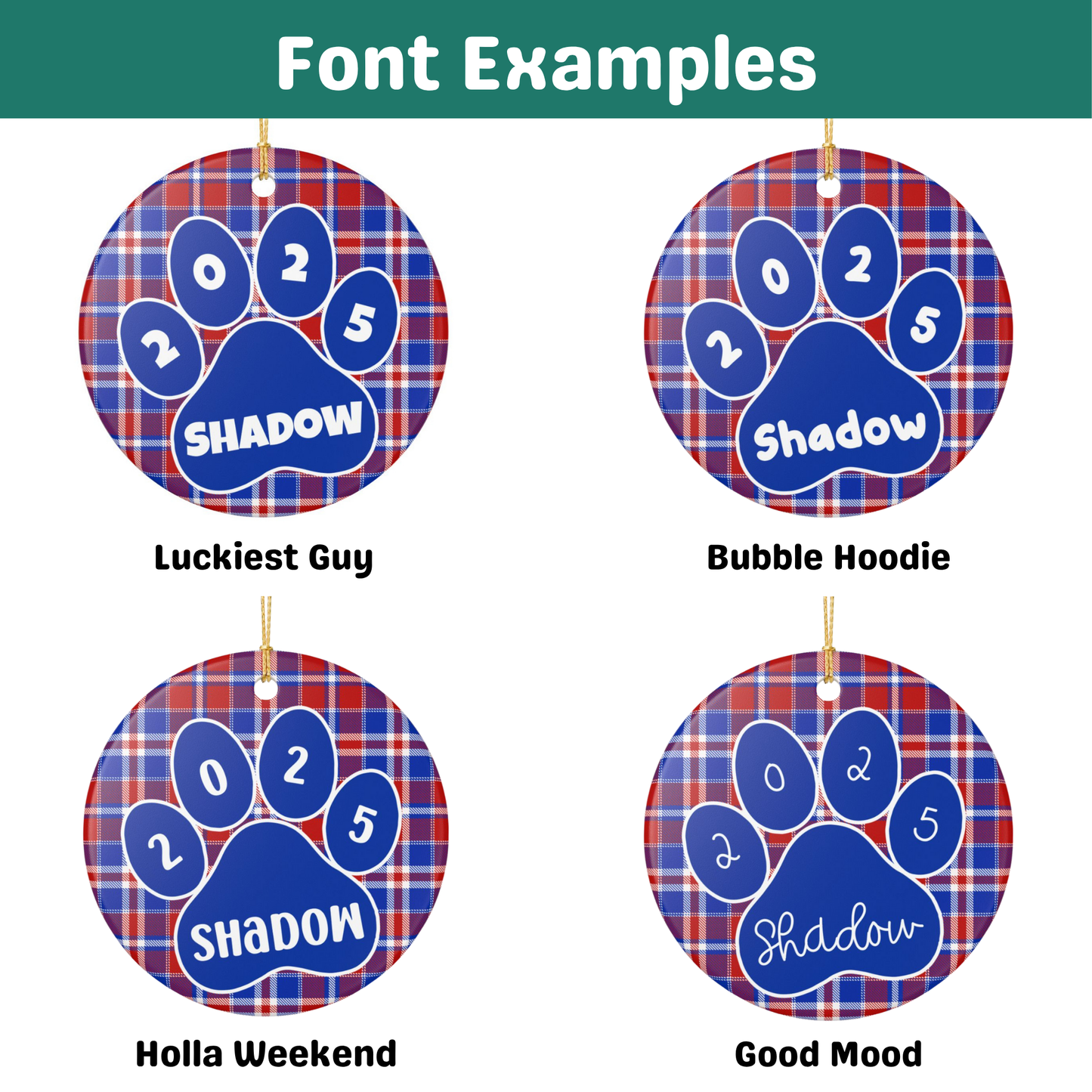 Custom Pet Name Ornament - Red, White & Blue Plaid 2025
