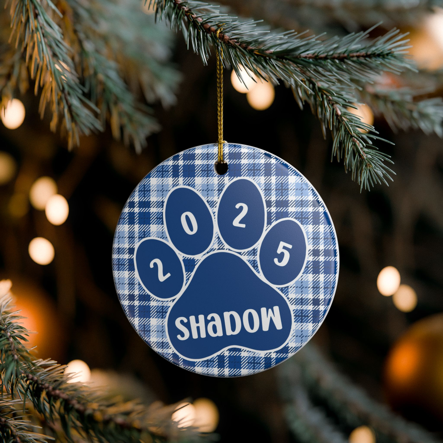 Custom Pet Name Ornament - Azure Blue Plaid 2025