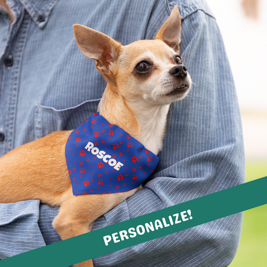 Personalized Clip-on Pet Bandana - Blue with Red Paw Prints