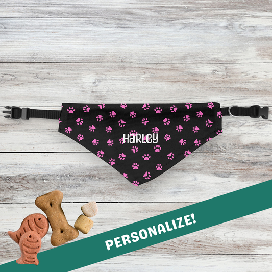 Personalized Clip-on Pet Bandana - Black with Pink Paw Prints