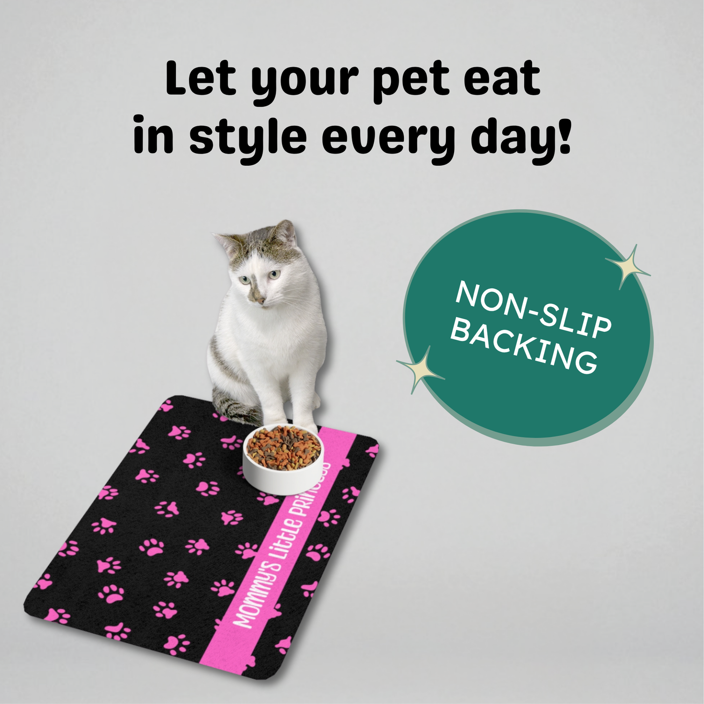 Custom Pet Food Mat - Black with Pink Paw Prints
