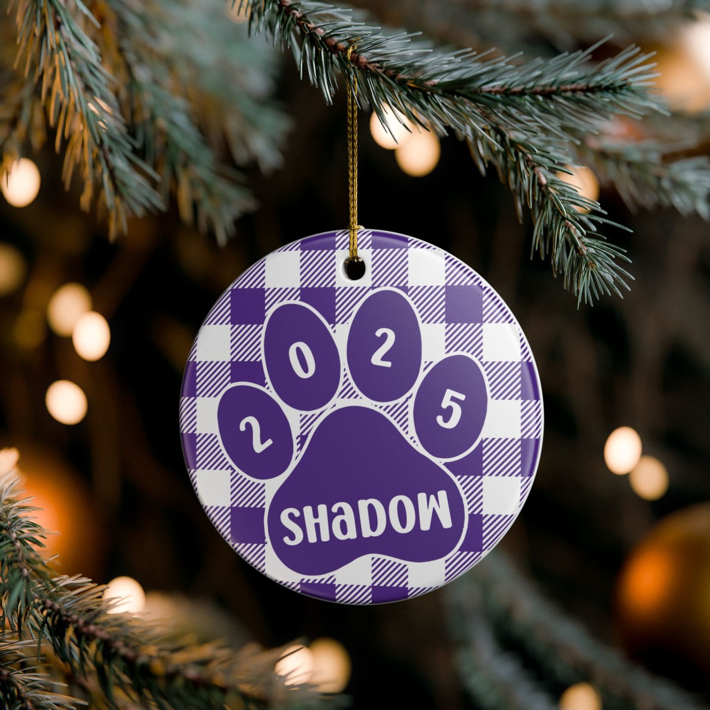 Custom Pet Name Ornament - Purple & White Plaid 2025