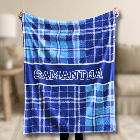 Custom Velveteen Plush Blanket - Royal & Vivid Azure Blue Plaid