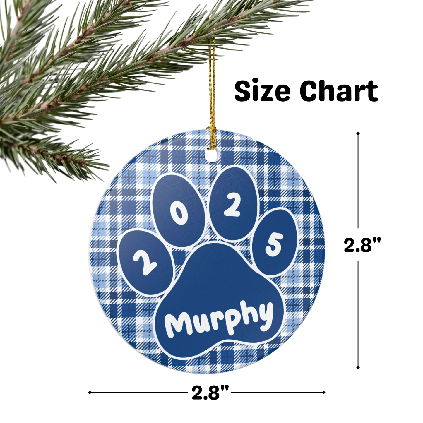 Custom Pet Name Ornament - Azure Blue Plaid 2025