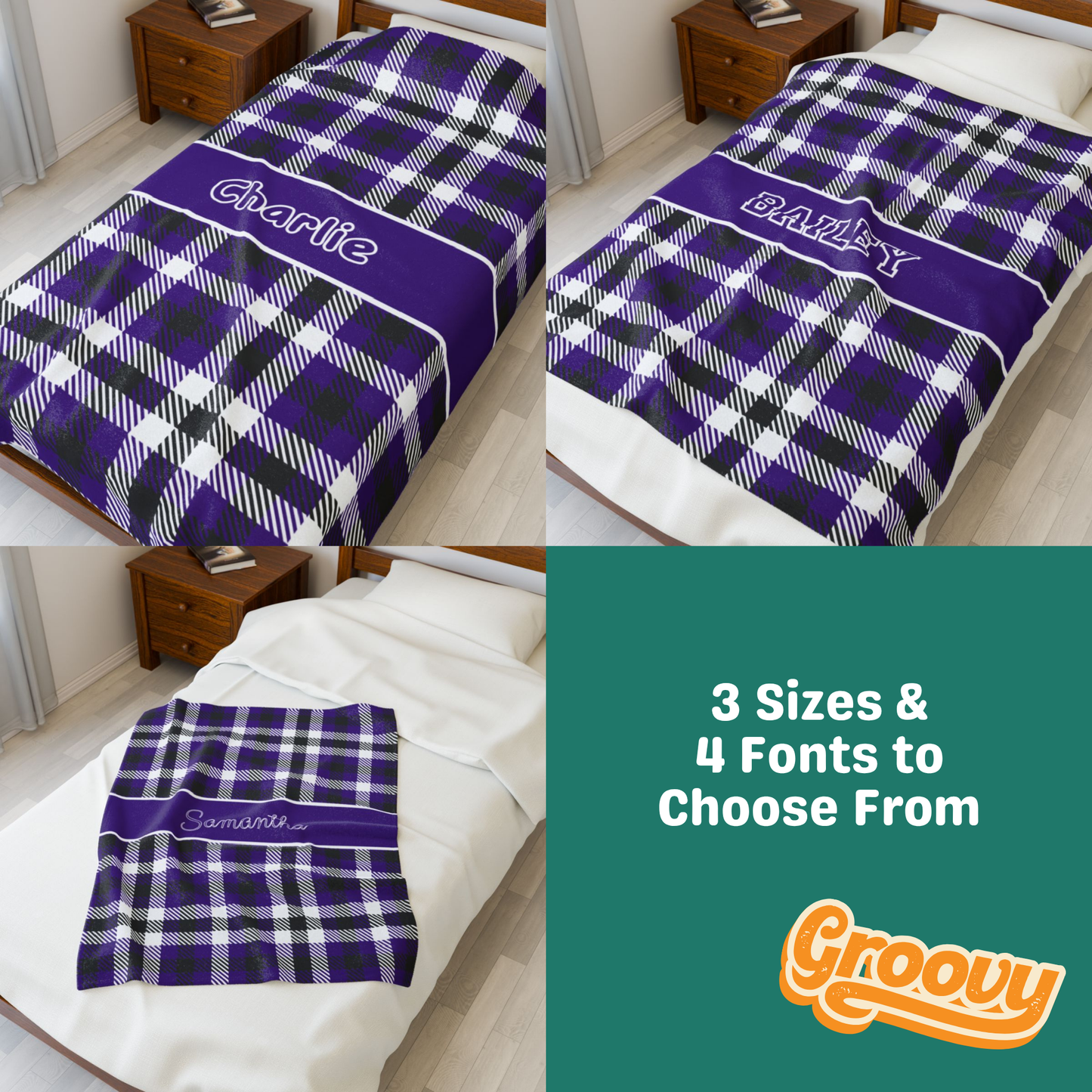 Custom Velveteen Plush Blanket - Purple & Black Tartan