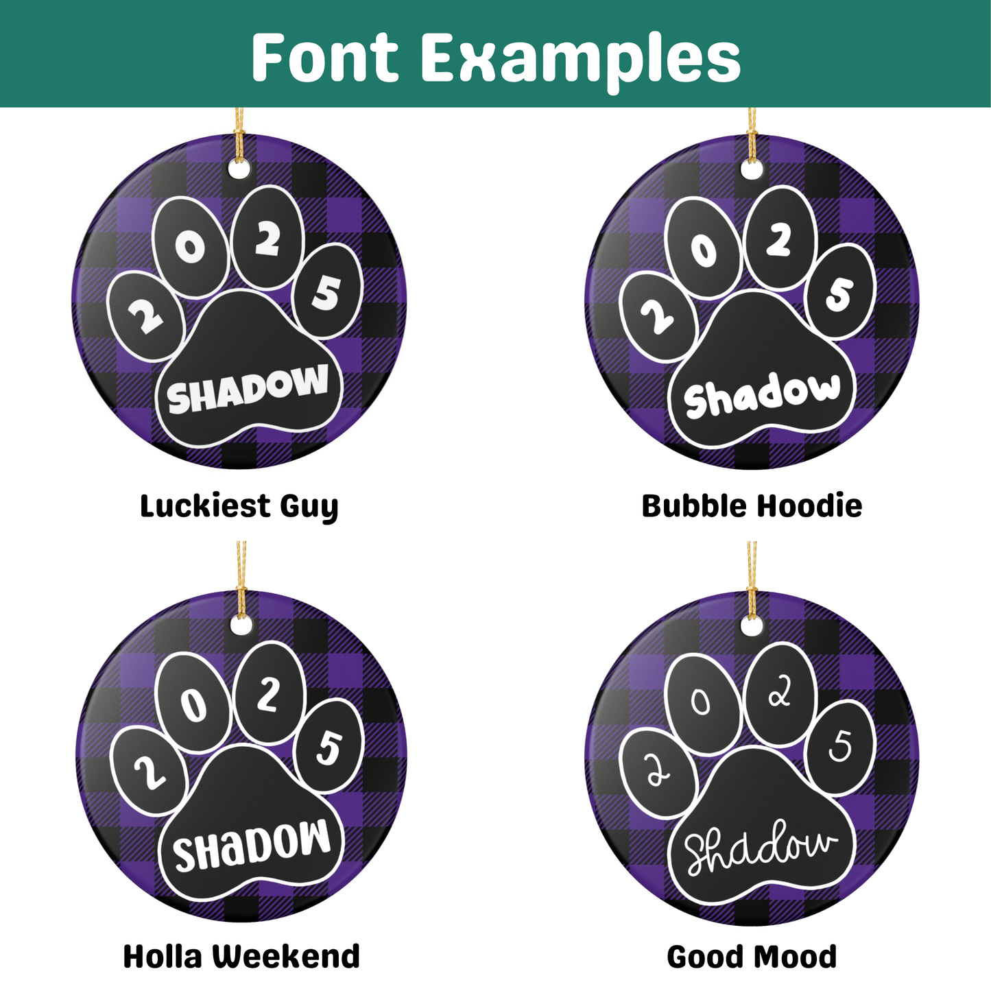 Custom Pet Name Ornament - Purple & Black Plaid 2025