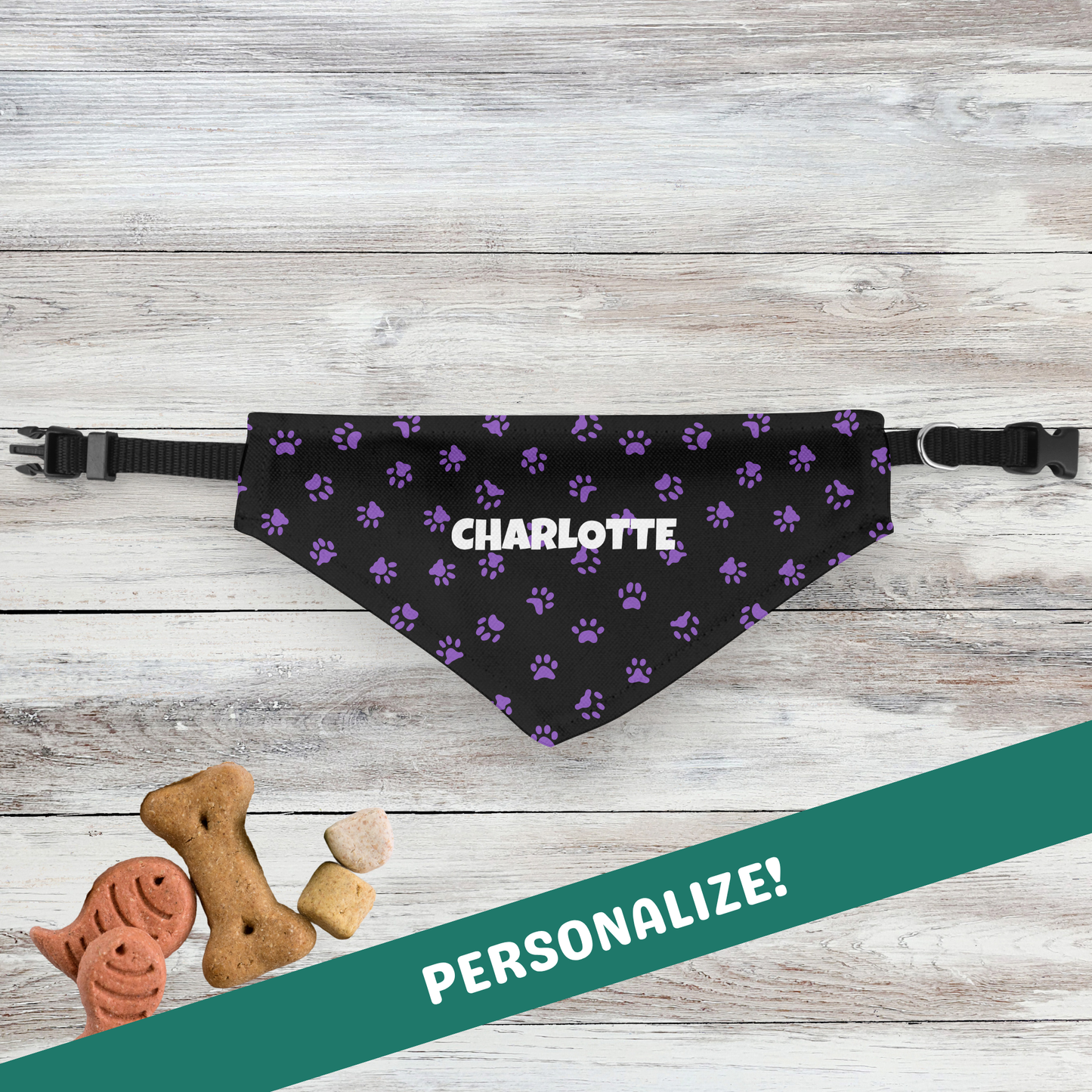 Personalized Clip-on Pet Bandana - Black with Purple Paw Prints
