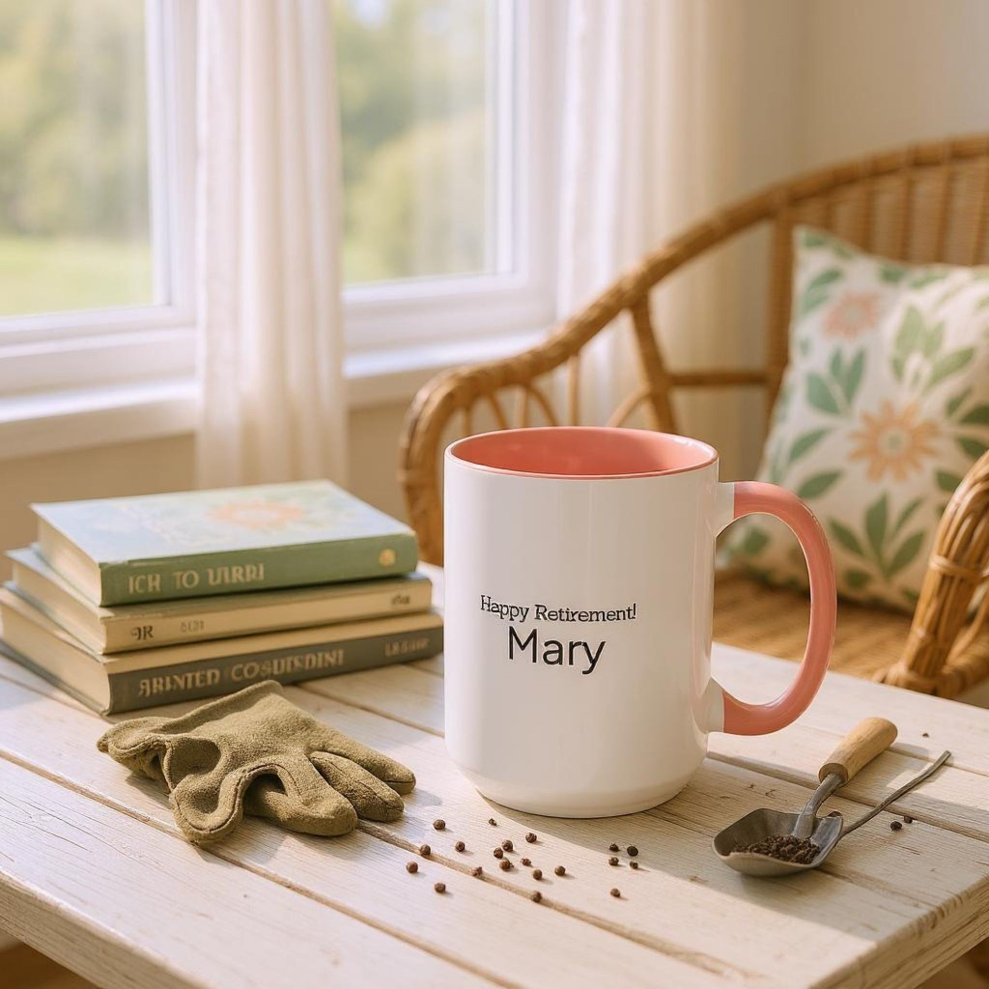Mug with 'Happy Retirement! Mary' text on a table with gardening tools and books.