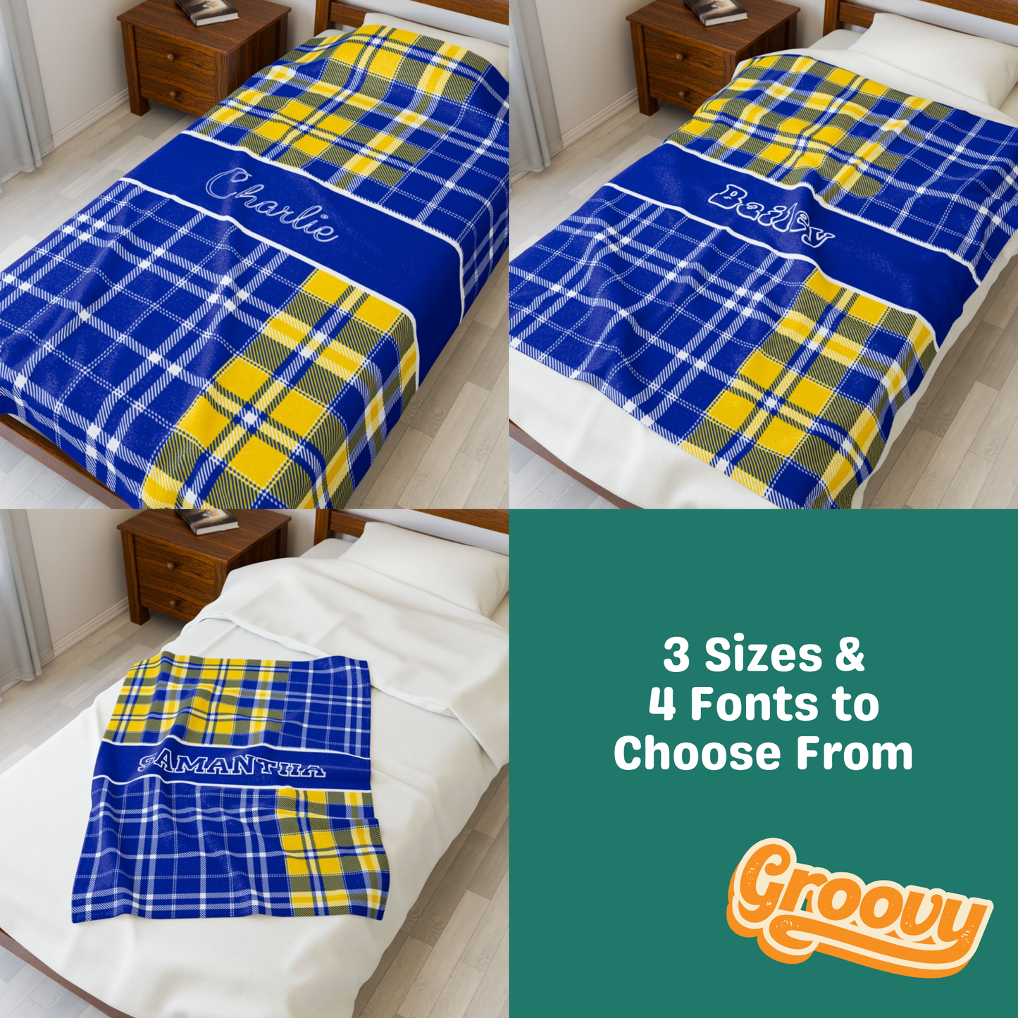 Custom Velveteen Plush Blanket - Blue & Yellow Plaid