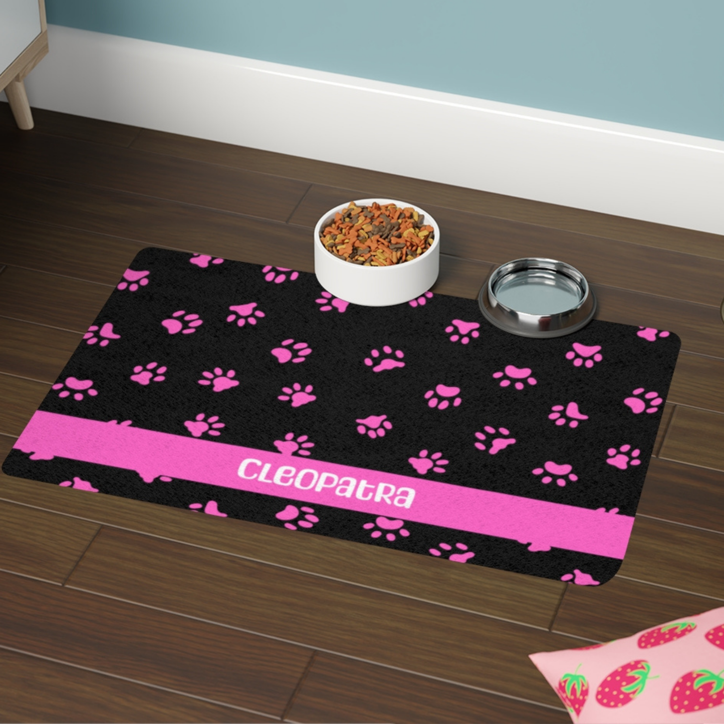Custom Pet Food Mat - Black with Pink Paw Prints