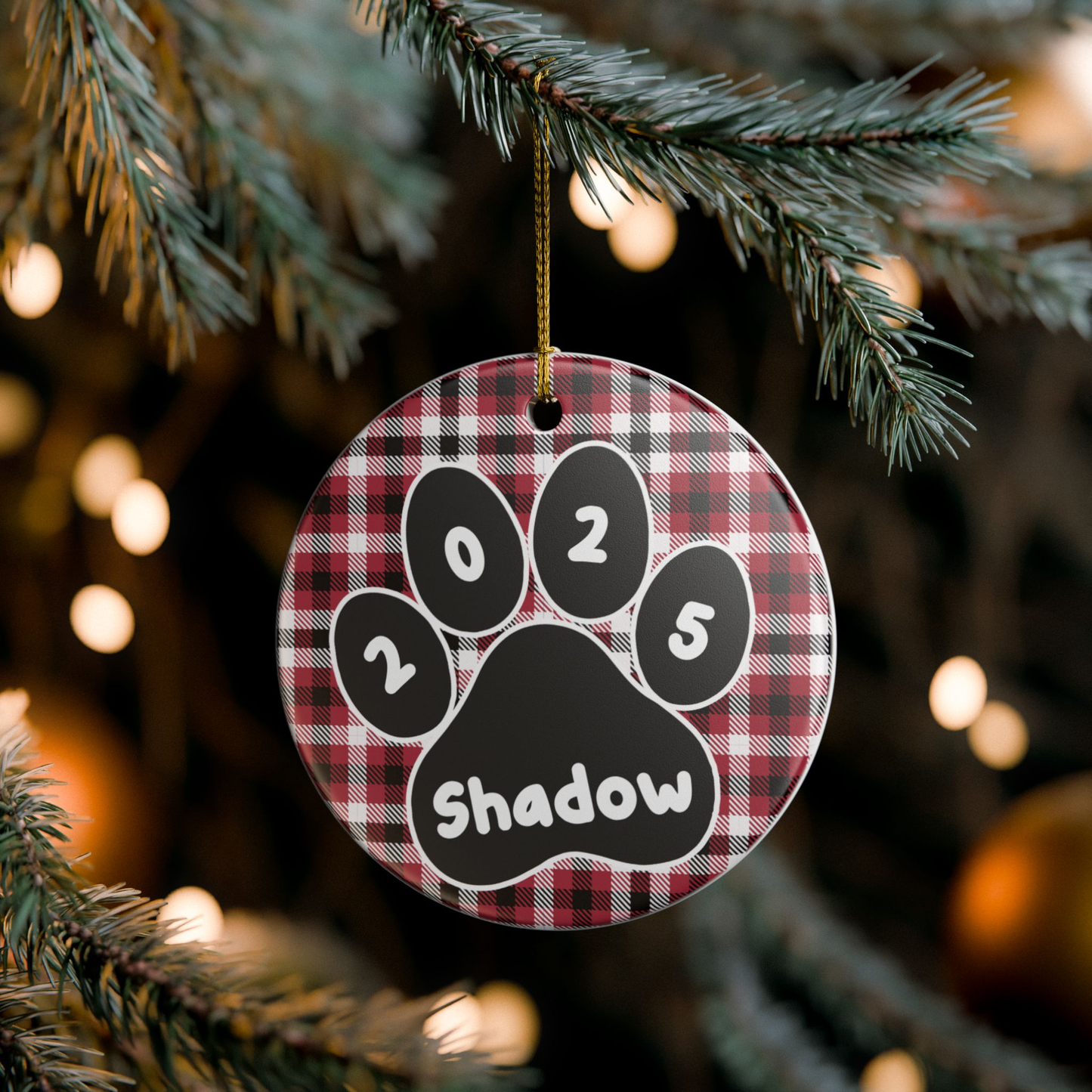 Custom Pet Name Ornament - Red & Black Plaid 2025