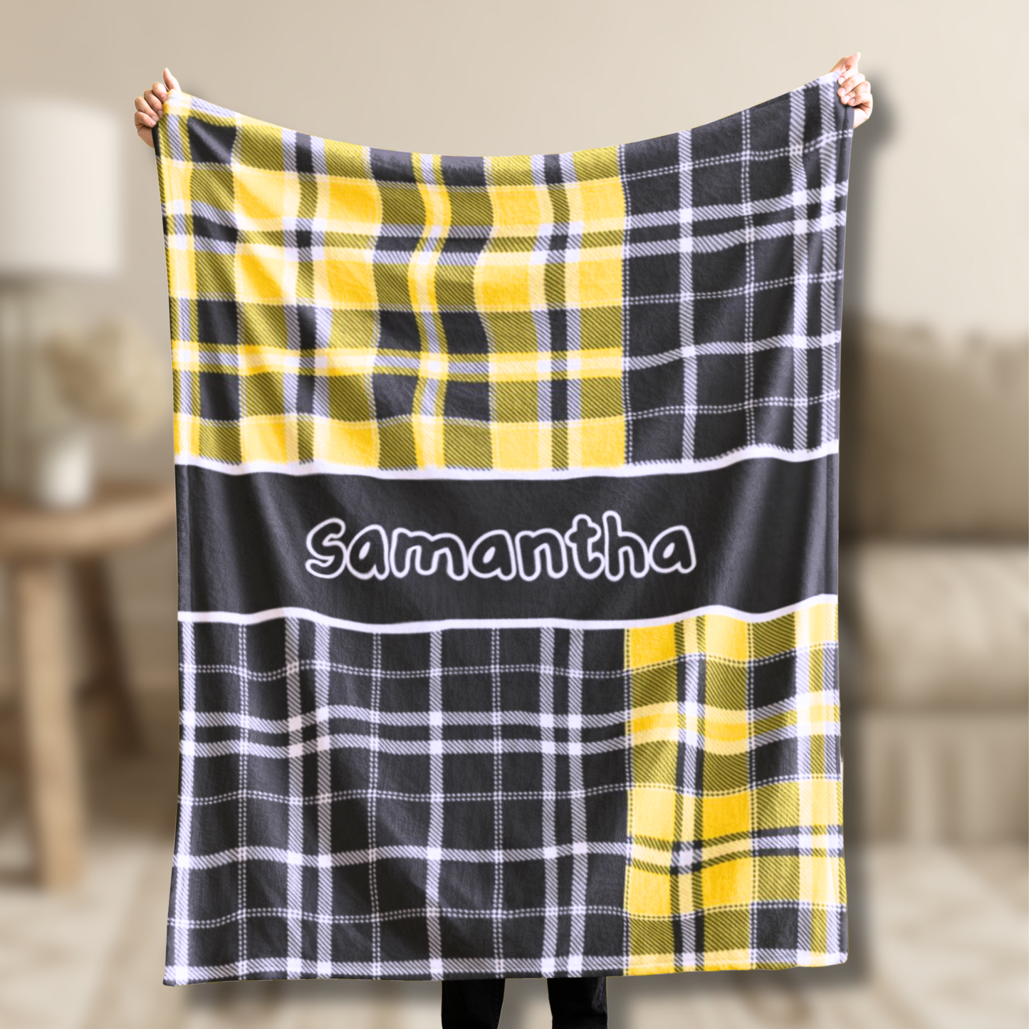 Custom Velveteen Plush Blanket - Black & Yellow Plaid
