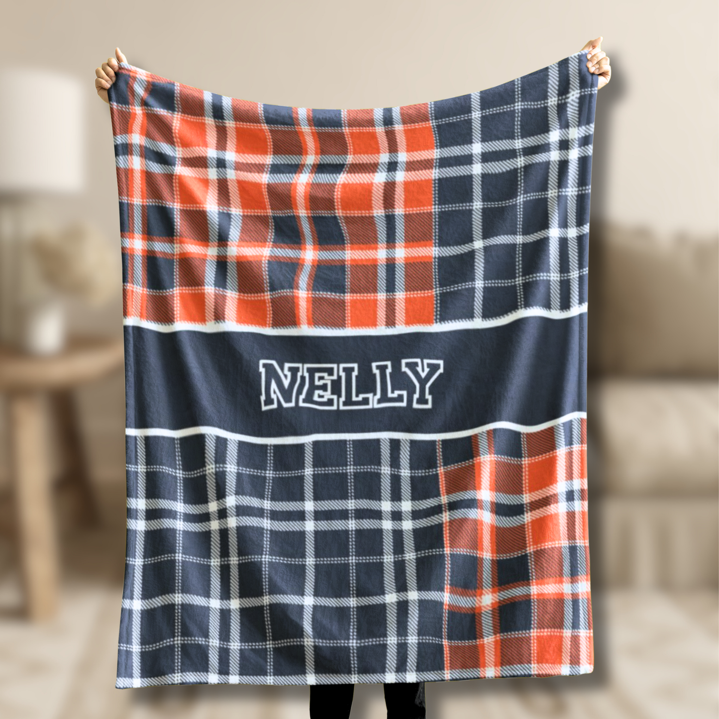 Custom Velveteen Plush Blanket - Navy & Orange Plaid