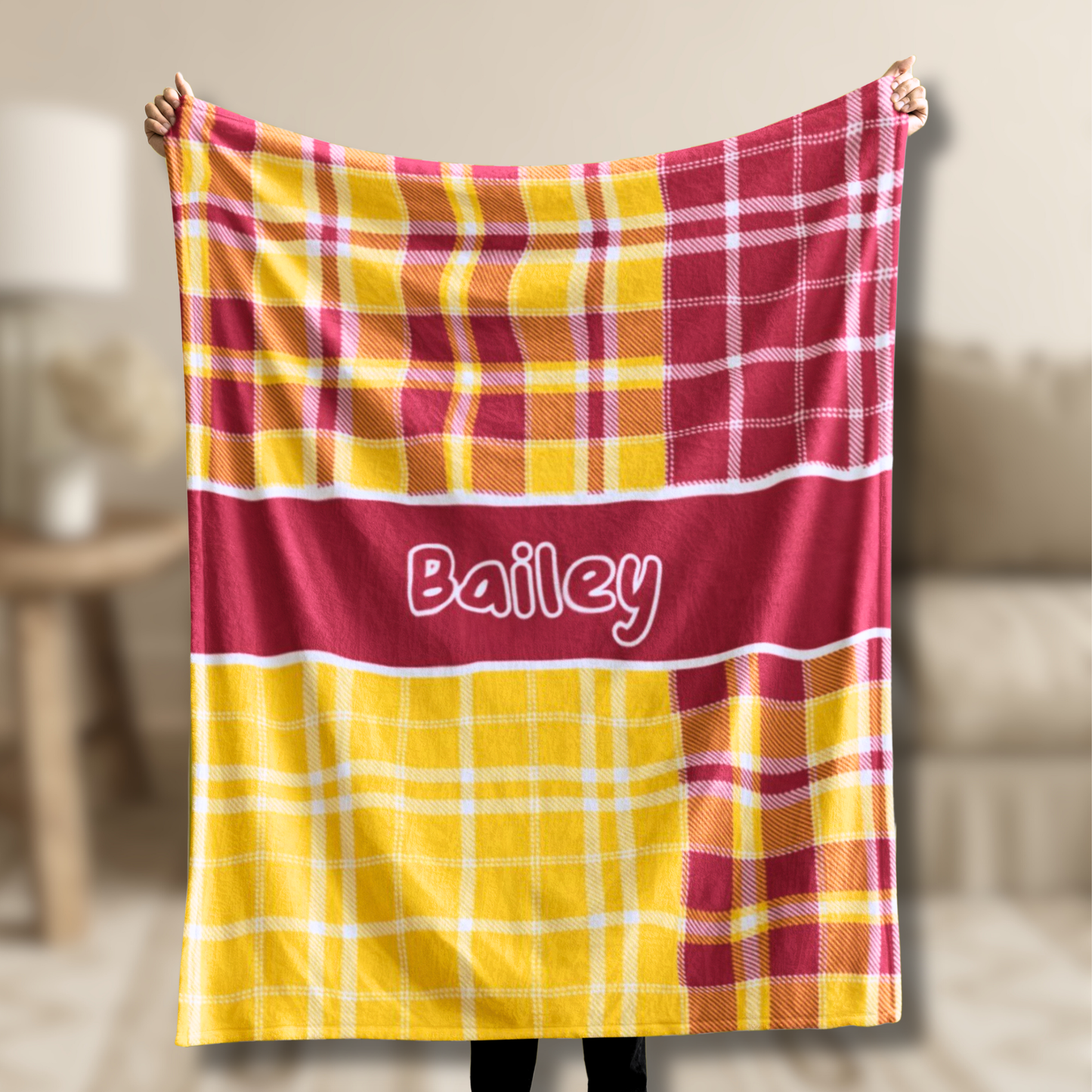 Custom Velveteen Plush Blanket - Vivid Red & Yellow Plaid