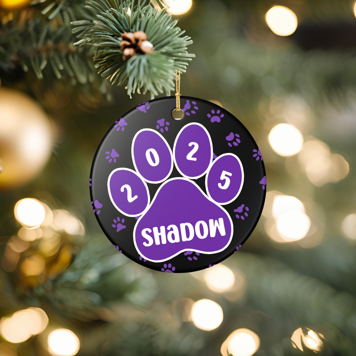 Custom Pet Name Ornament - Black with Purple Paw Prints 2025