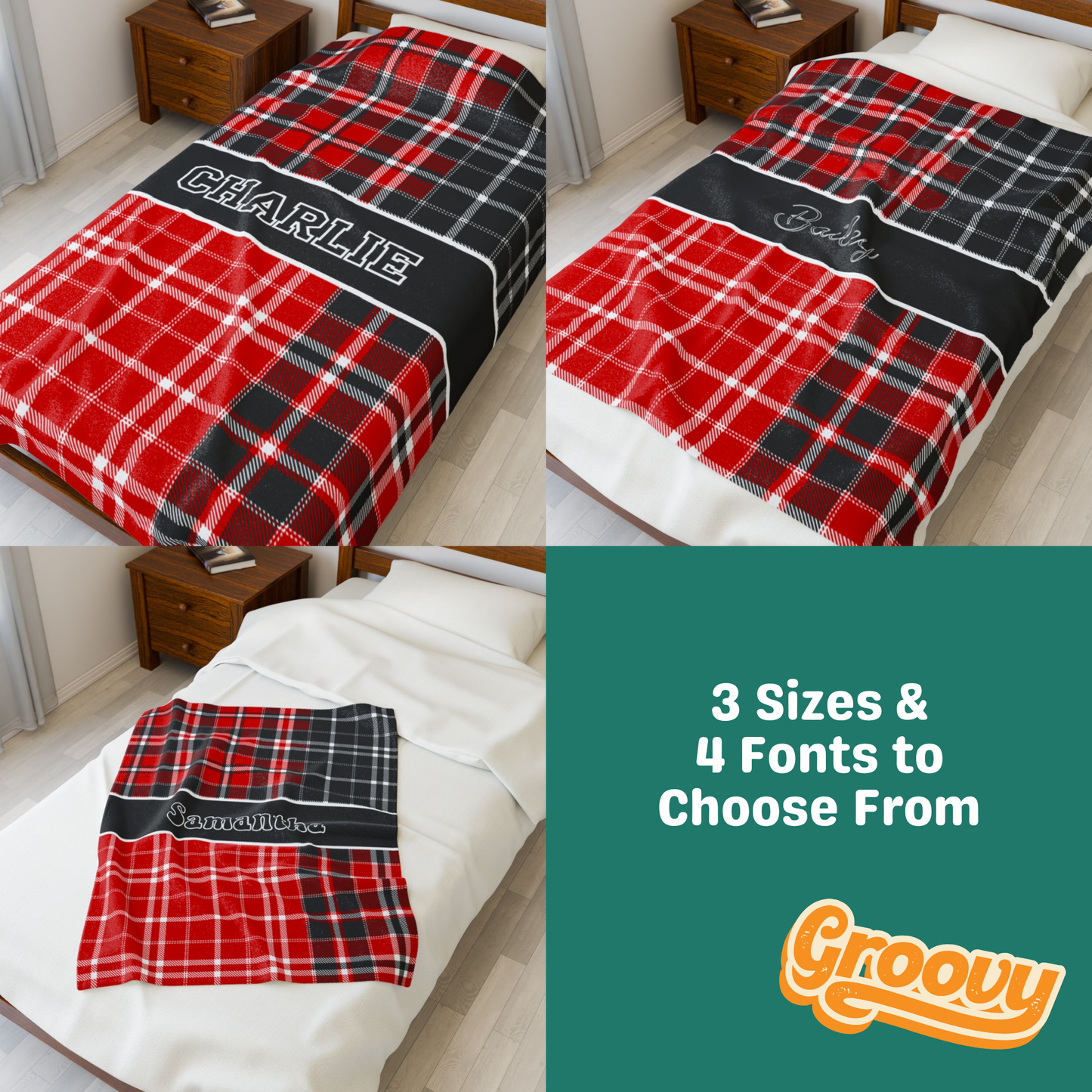 Custom Velveteen Plush Blanket - Red & Black Plaid
