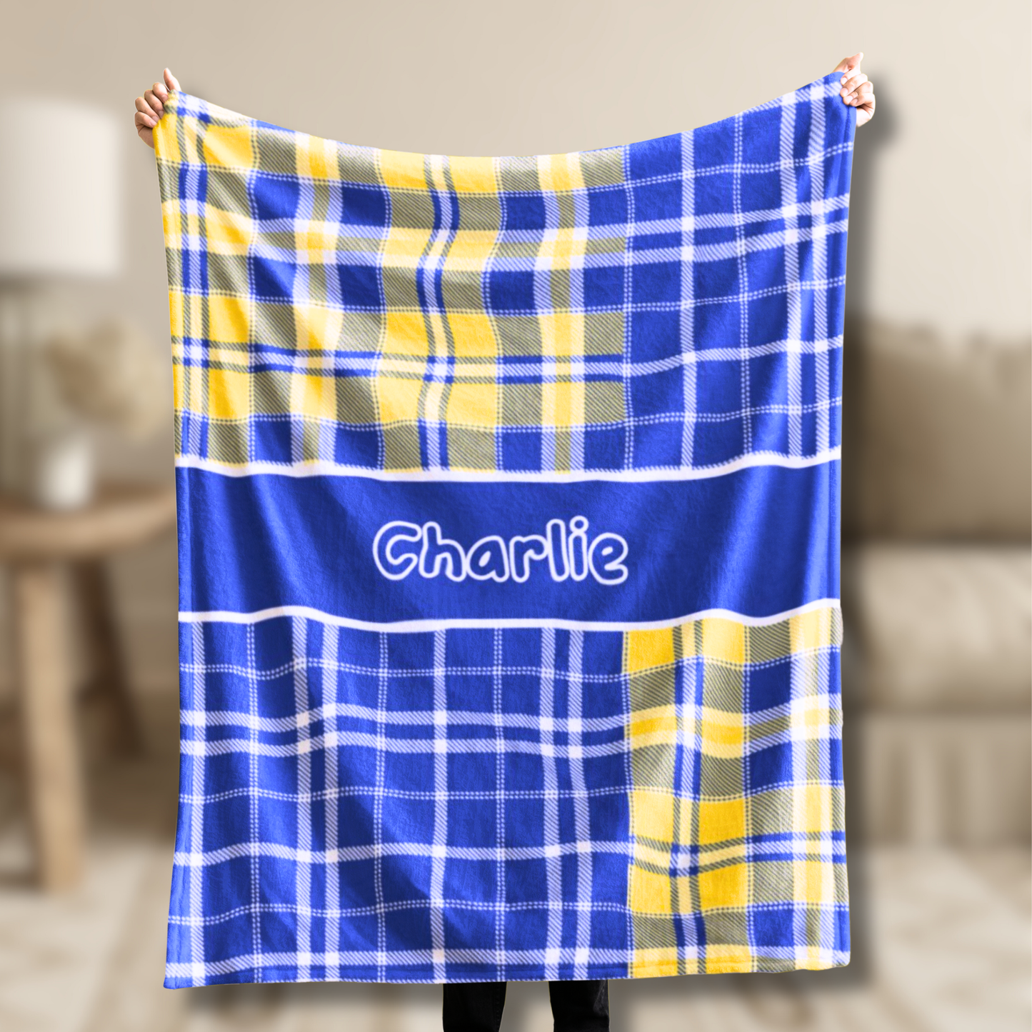Custom Velveteen Plush Blanket - Blue & Yellow Plaid