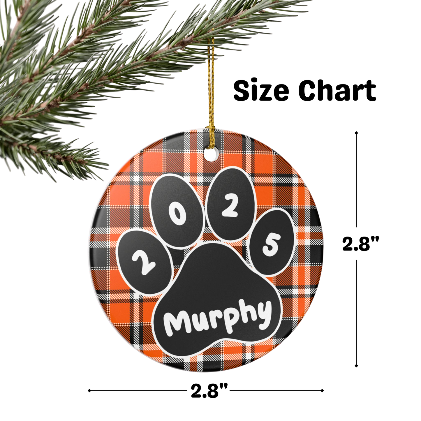 Custom Pet Name Ornament - Orange & Black Tartan 2025