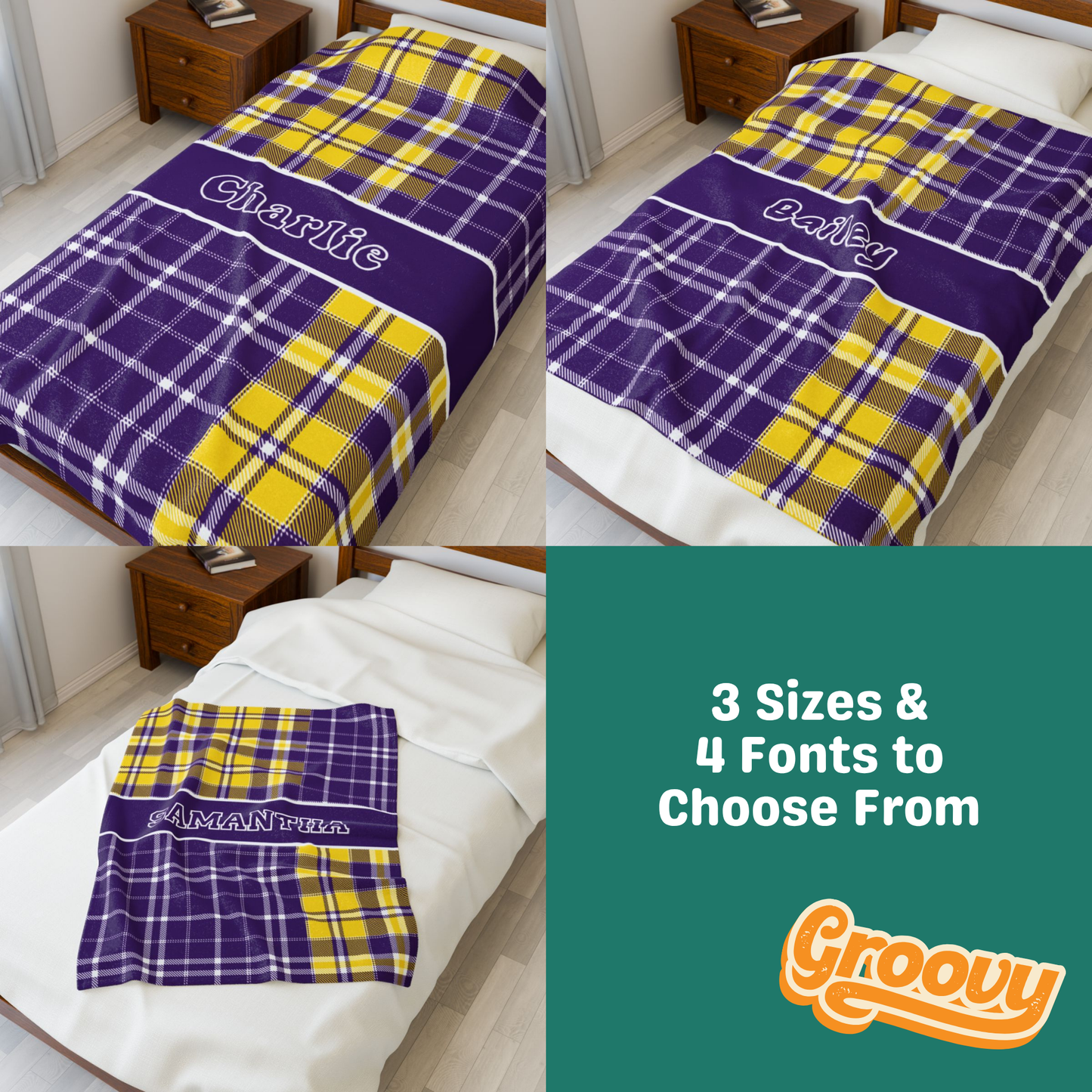 Custom Velveteen Plush Blanket - Purple & Yellow Plaid