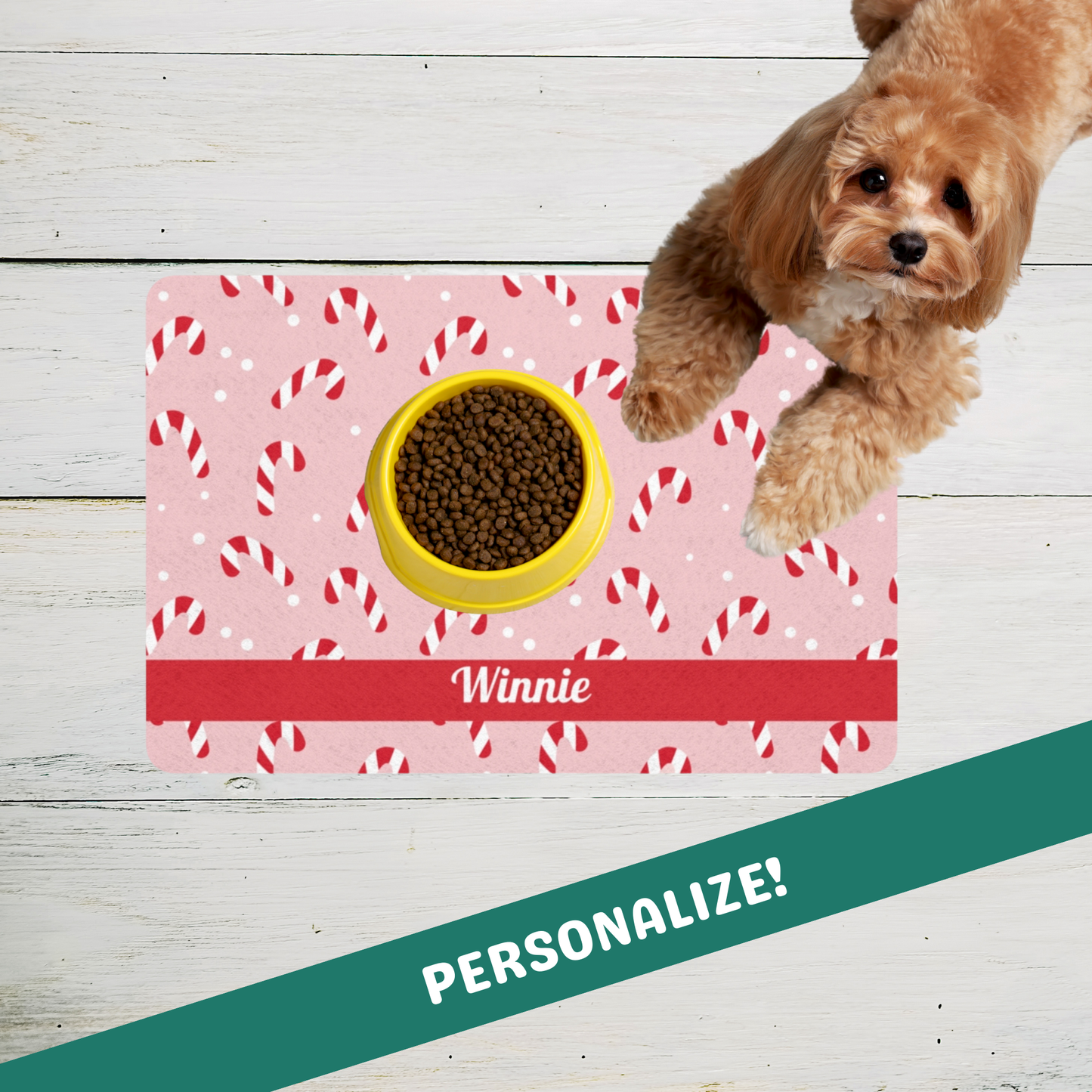 Custom Pet Food Mat - Candy Canes